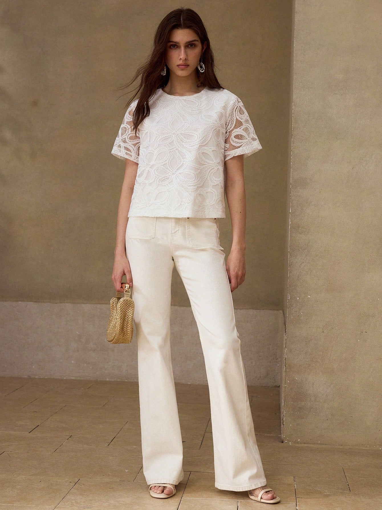 CM-TS956259 Women Elegant Seoul Style Round Neck Short Sleeve Bow Hollow Embroidered Sequin Blouse - White