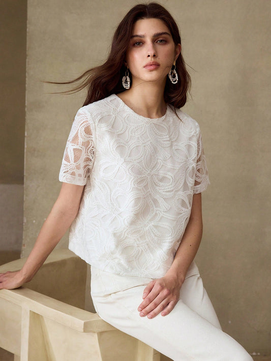 CM-TS956259 Women Elegant Seoul Style Round Neck Short Sleeve Bow Hollow Embroidered Sequin Blouse - White