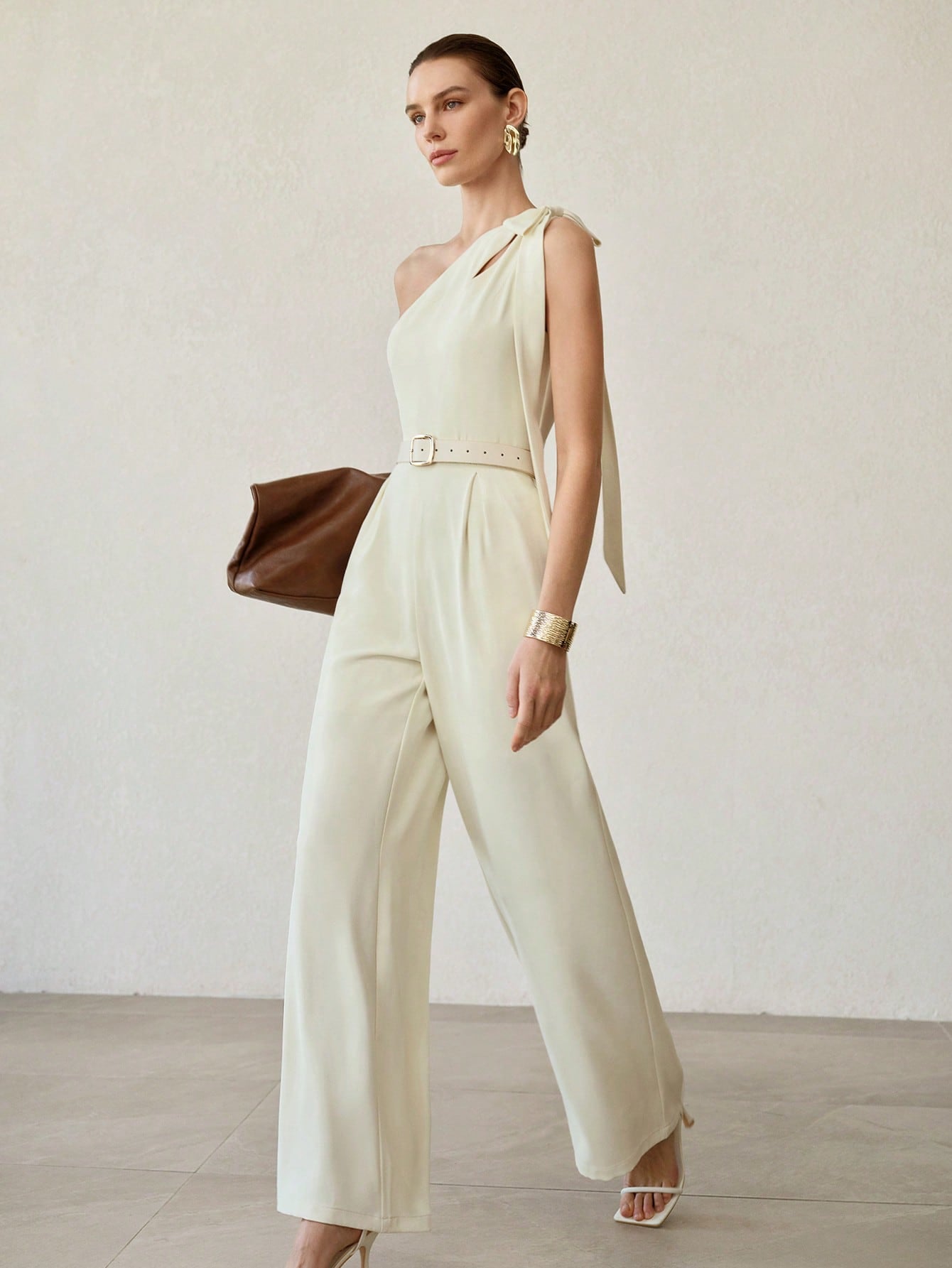 CM-JS972124 Women Elegant Seoul Style Asymmetrical Cut-Out Bow One Shoulder Sleeveless Jumpsuit - Beige