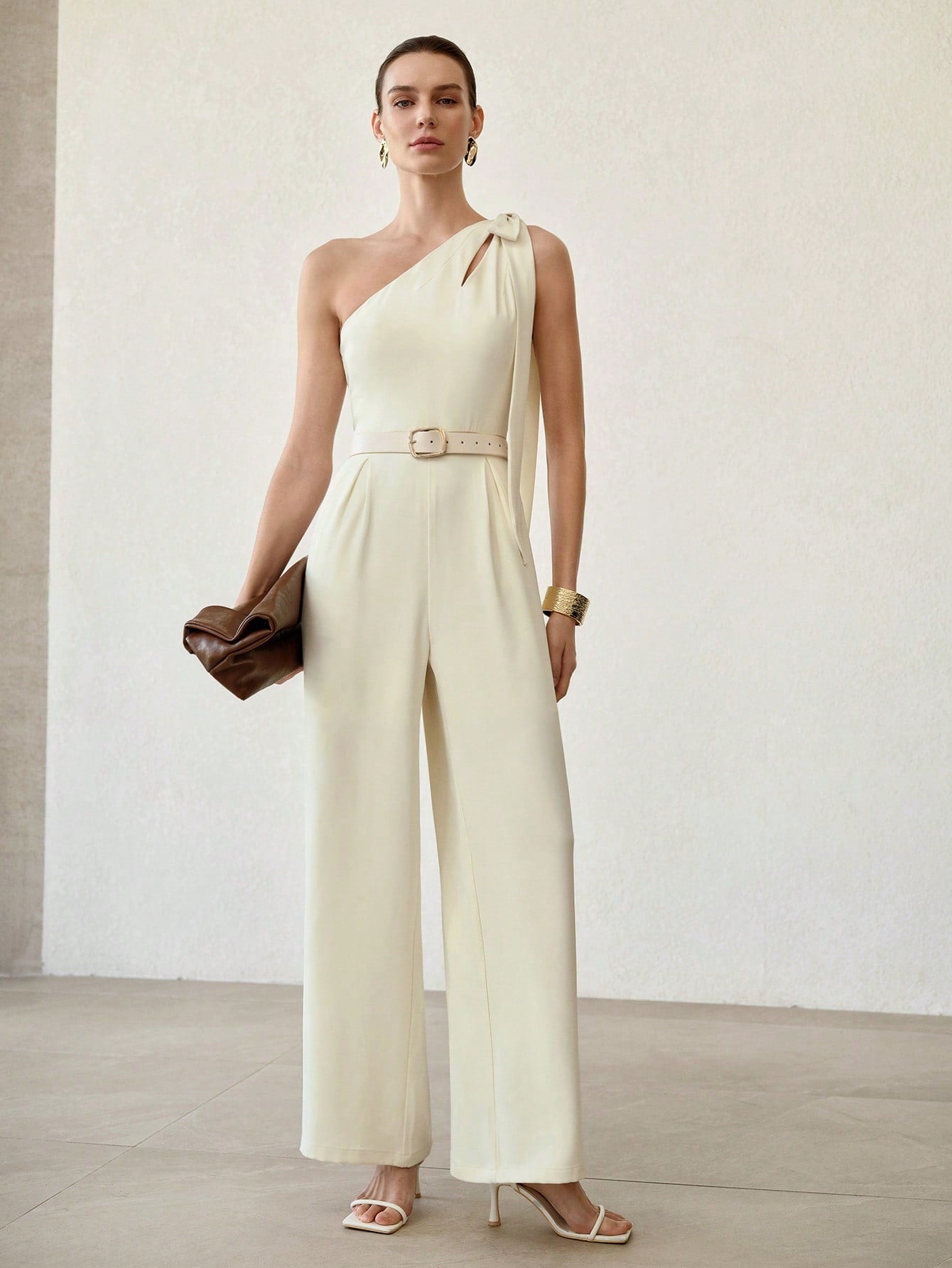 CM-JS972124 Women Elegant Seoul Style Asymmetrical Cut-Out Bow One Shoulder Sleeveless Jumpsuit - Beige