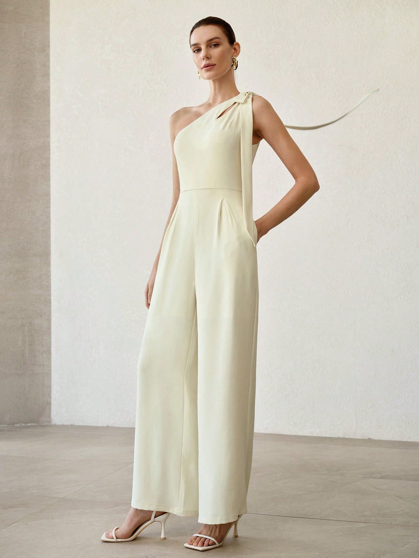 CM-JS972124 Women Elegant Seoul Style Asymmetrical Cut-Out Bow One Shoulder Sleeveless Jumpsuit - Beige