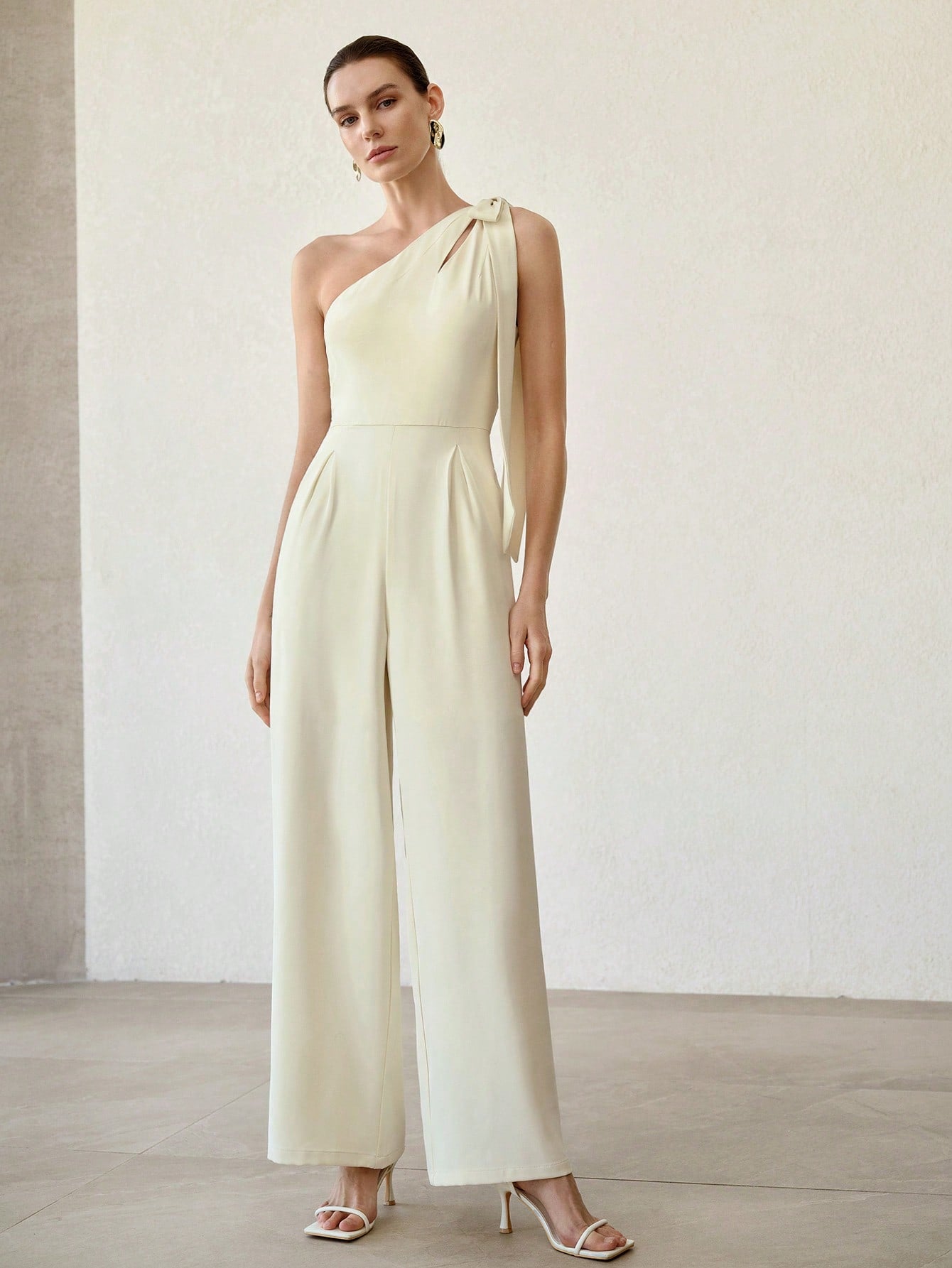 CM-JS972124 Women Elegant Seoul Style Asymmetrical Cut-Out Bow One Shoulder Sleeveless Jumpsuit - Beige