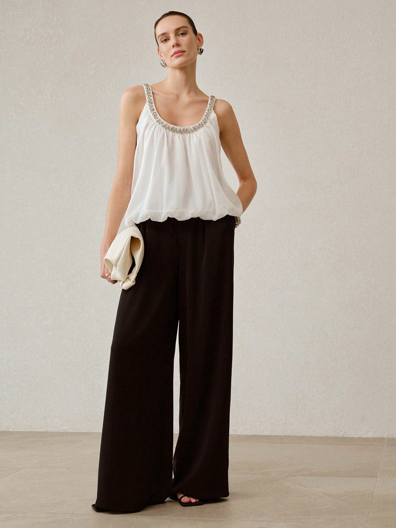 CM-TS734623 Women Elegant Seoul Style Scoop Neck Sleeveless Rhinestone Camisole Top - White