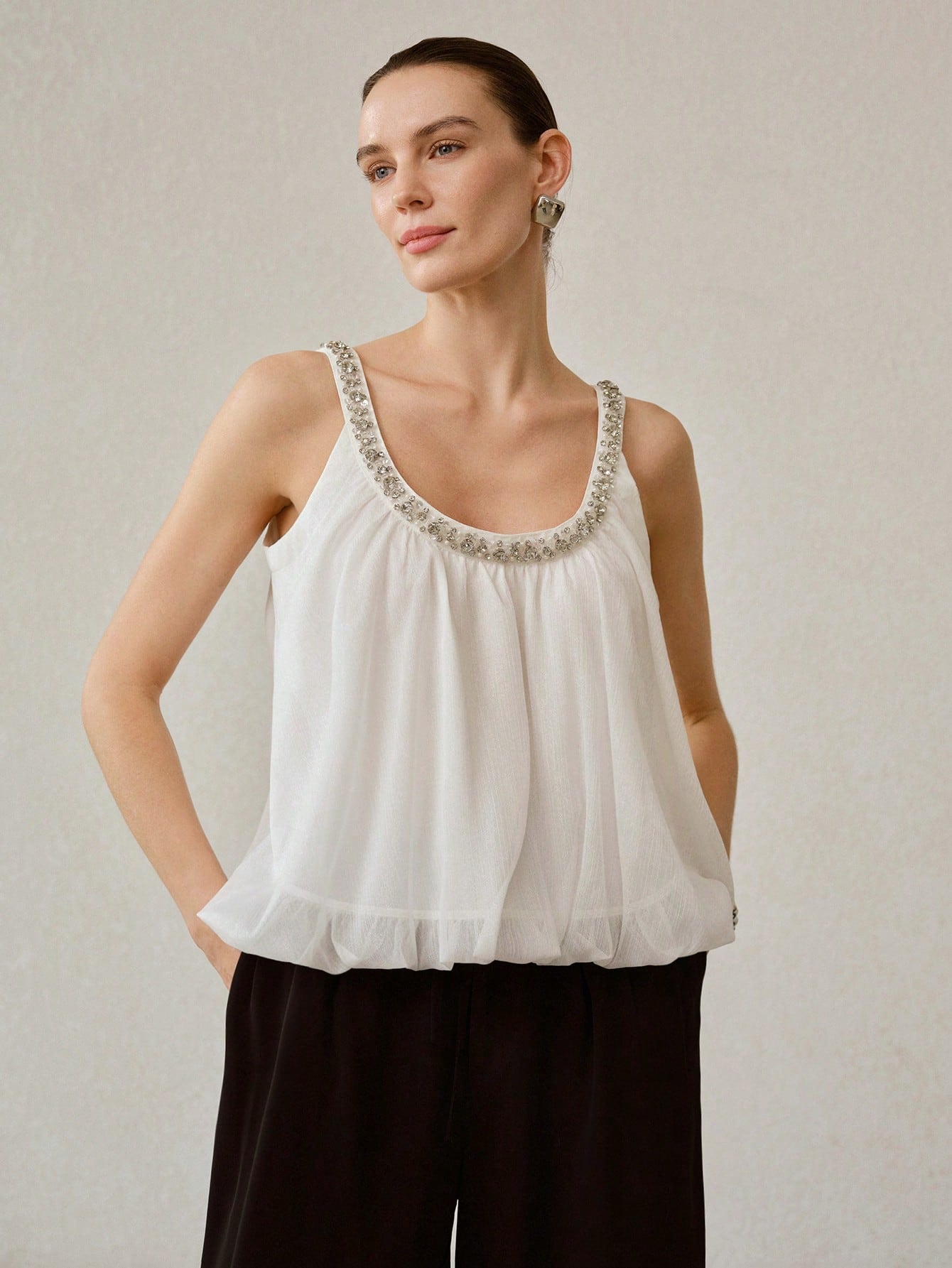 CM-TS734623 Women Elegant Seoul Style Scoop Neck Sleeveless Rhinestone Camisole Top - White
