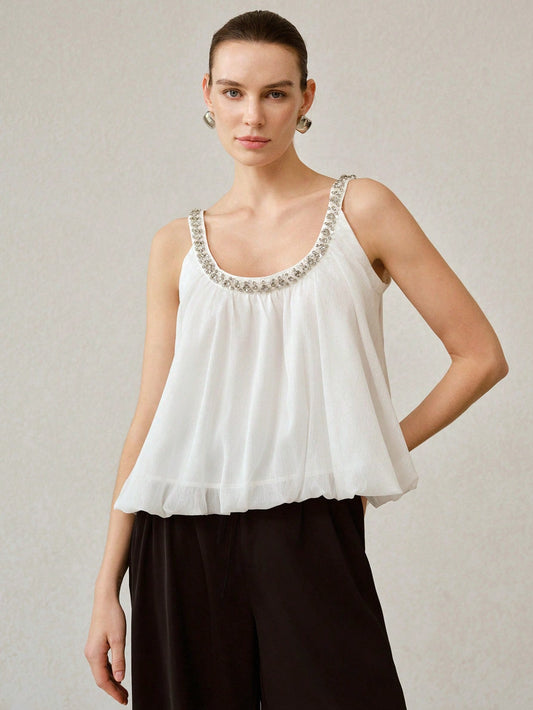 CM-TS734623 Women Elegant Seoul Style Scoop Neck Sleeveless Rhinestone Camisole Top - White