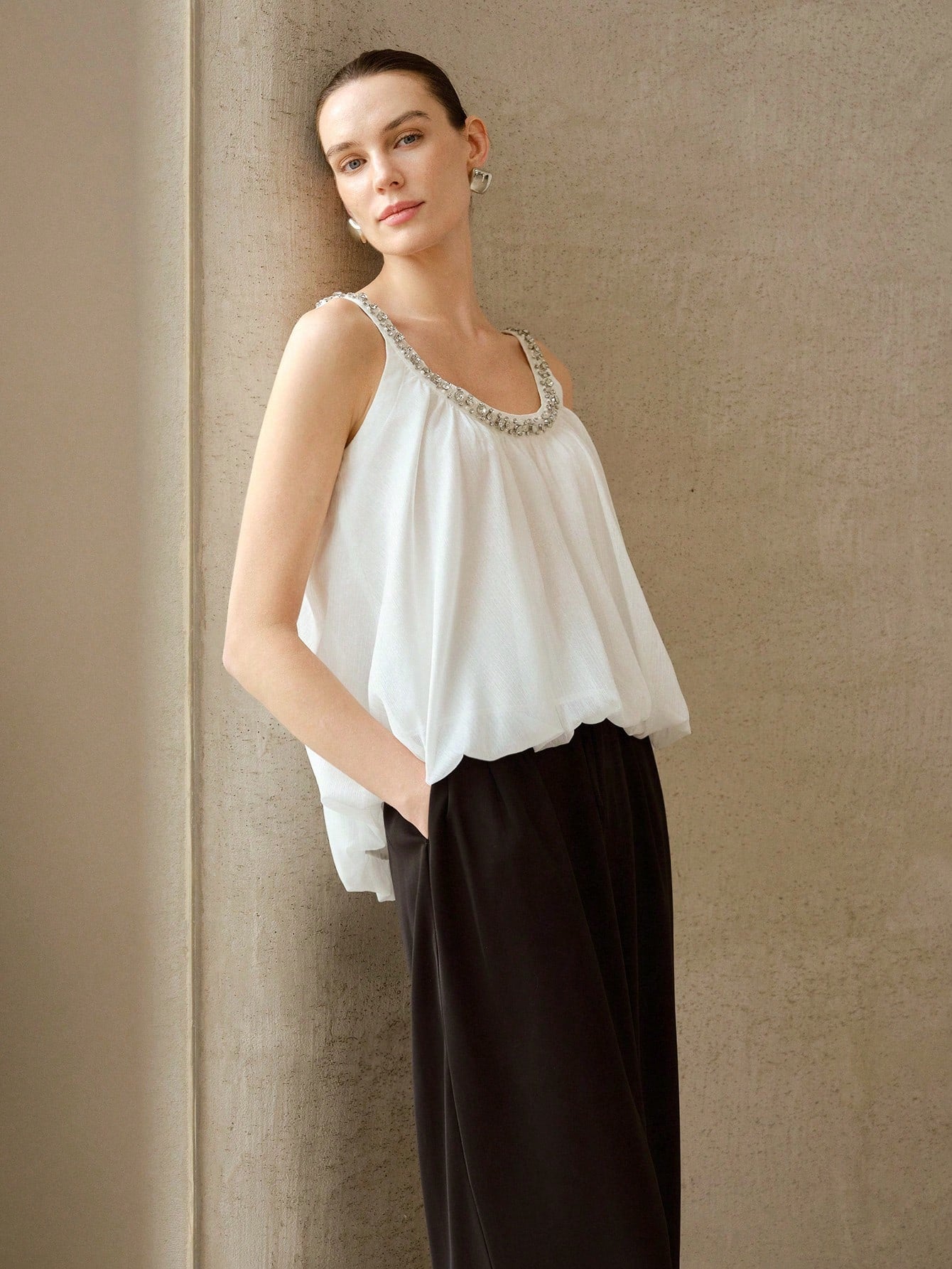 CM-TS734623 Women Elegant Seoul Style Scoop Neck Sleeveless Rhinestone Camisole Top - White