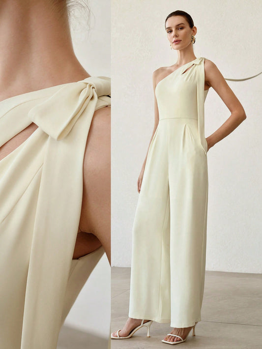 CM-JS972124 Women Elegant Seoul Style Asymmetrical Cut-Out Bow One Shoulder Sleeveless Jumpsuit - Beige