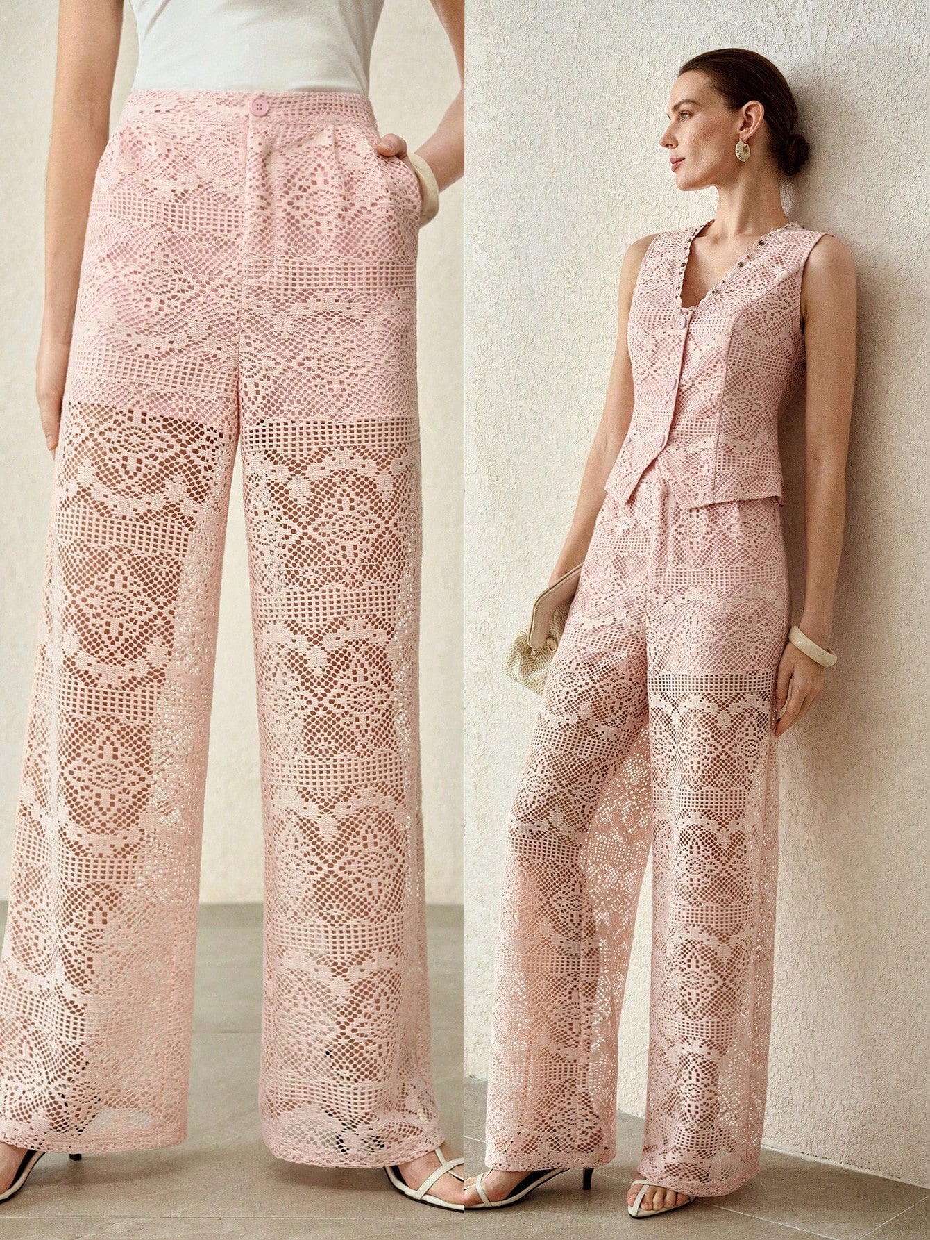 CM-BS761060 Women Elegant Seoul Style Mid Waist Hollow Out Lace Wide Leg Pants - Pink