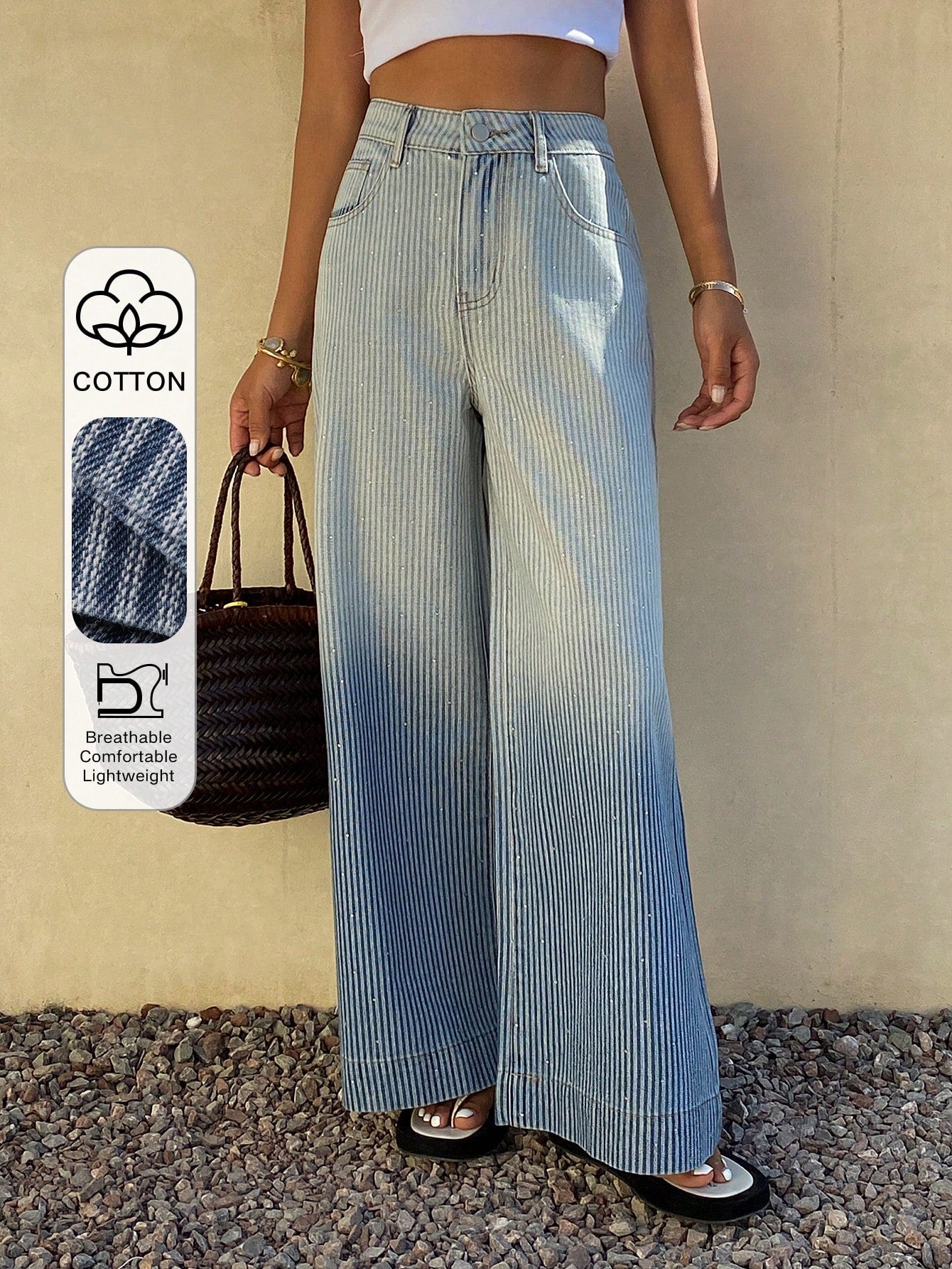 CM-BS110049 Women Casual Seoul Style Mid Waist Loose Fit Gradient Washed Wide Leg Jeans - Blue