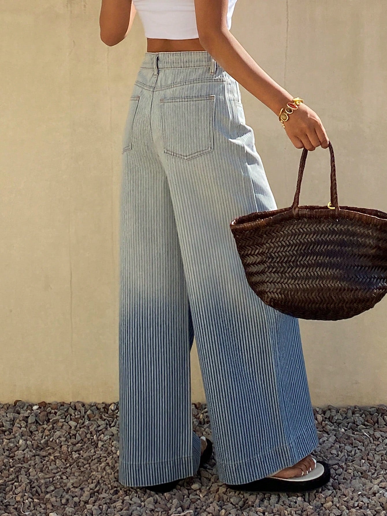 CM-BS110049 Women Casual Seoul Style Mid Waist Loose Fit Gradient Washed Wide Leg Jeans - Blue