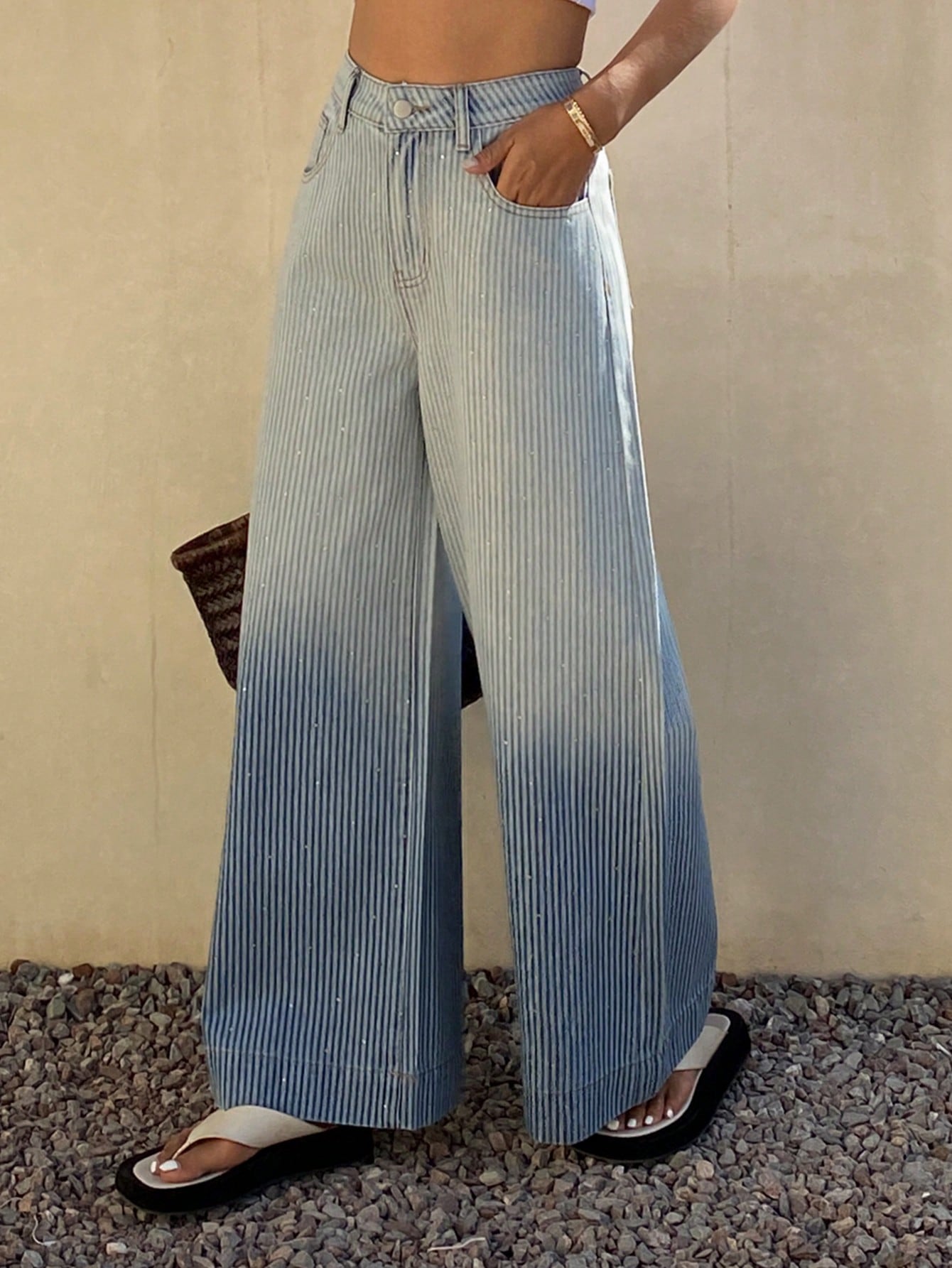 CM-BS110049 Women Casual Seoul Style Mid Waist Loose Fit Gradient Washed Wide Leg Jeans - Blue