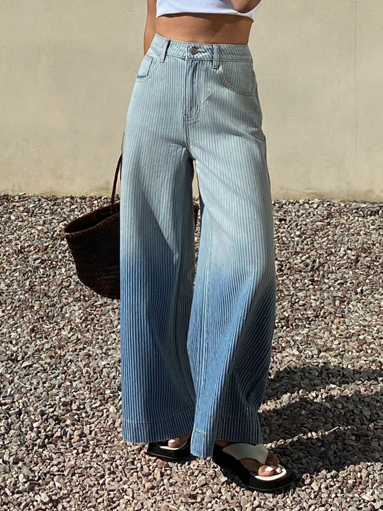 CM-BS110049 Women Casual Seoul Style Mid Waist Loose Fit Gradient Washed Wide Leg Jeans - Blue