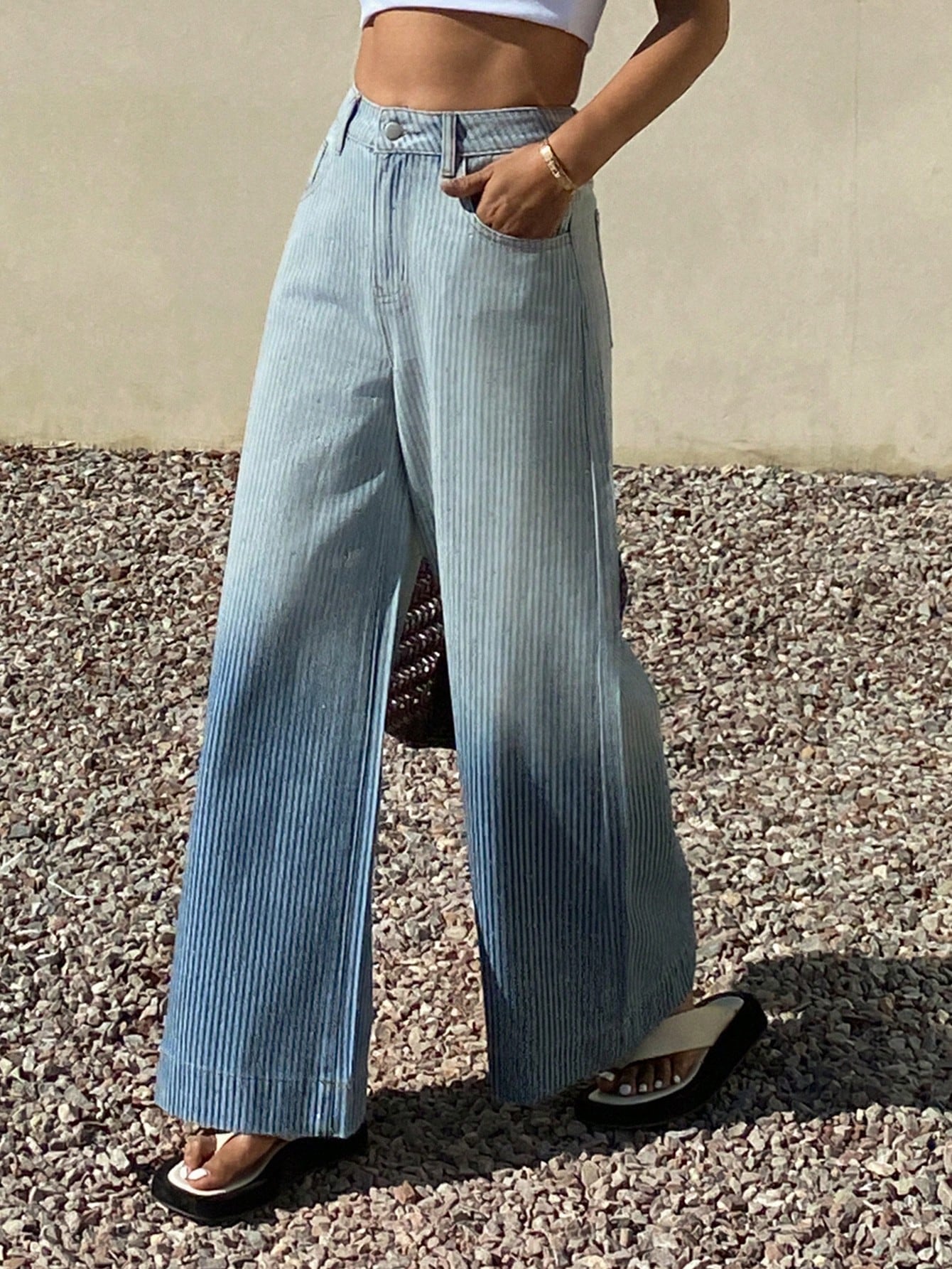 CM-BS110049 Women Casual Seoul Style Mid Waist Loose Fit Gradient Washed Wide Leg Jeans - Blue