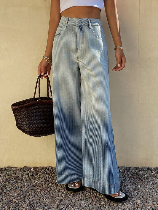 CM-BS110049 Women Casual Seoul Style Mid Waist Loose Fit Gradient Washed Wide Leg Jeans - Blue