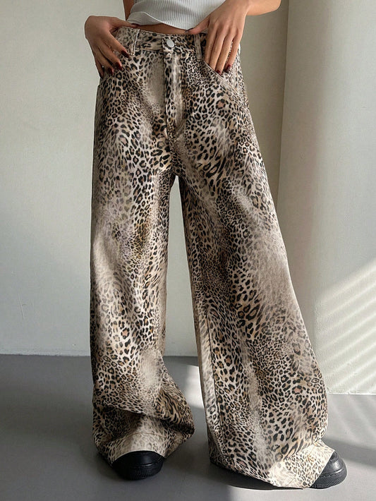 CM-BS449237 Women Casual Seoul Style Mid Waist Leopard Print Floral Wide Leg Jeans - Brown