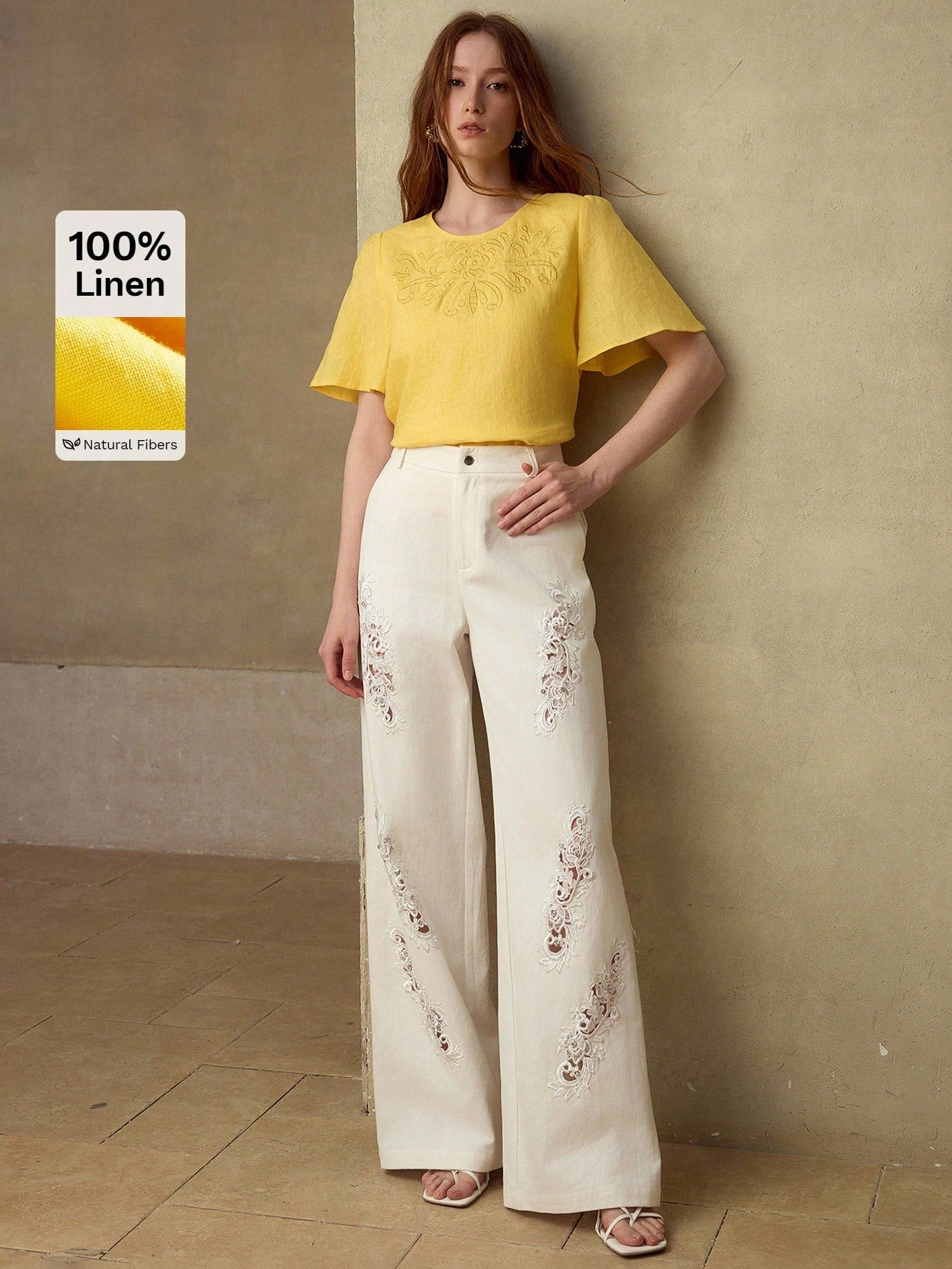 CM-TS185084 Women Elegant Seoul Style Round Neck Flounce Short Sleeve Linen Blouse - Yellow