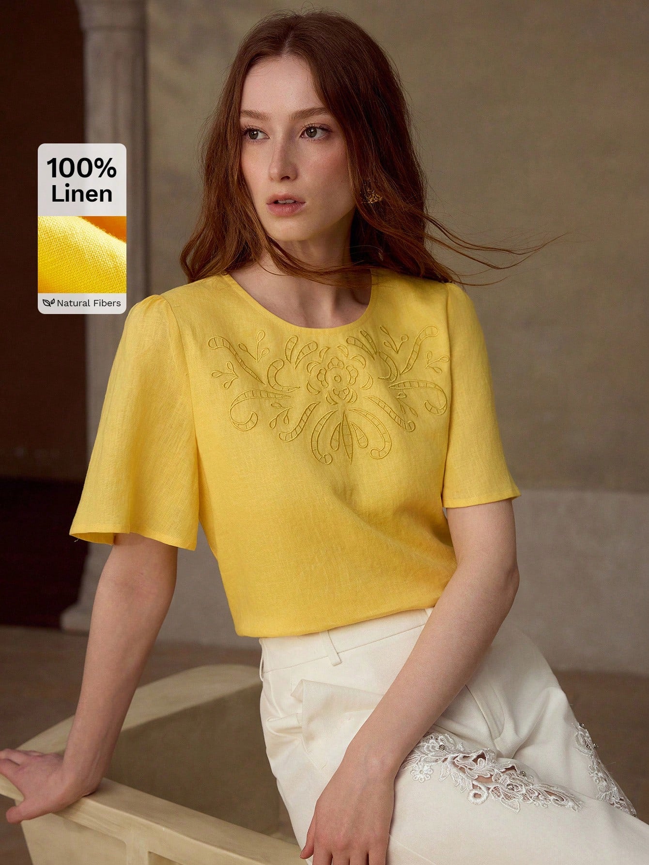 CM-TS185084 Women Elegant Seoul Style Round Neck Flounce Short Sleeve Linen Blouse - Yellow