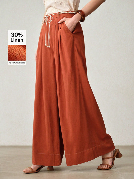 CM-BS571141 Women Trendy Bohemian Style Mid Waist Loose Belted Wide Leg Pants - Orange