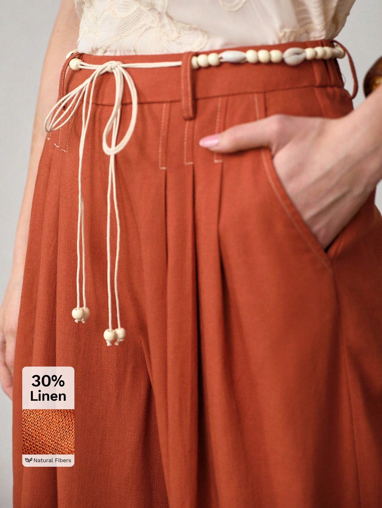 CM-BS571141 Women Trendy Bohemian Style Mid Waist Loose Belted Wide Leg Pants - Orange