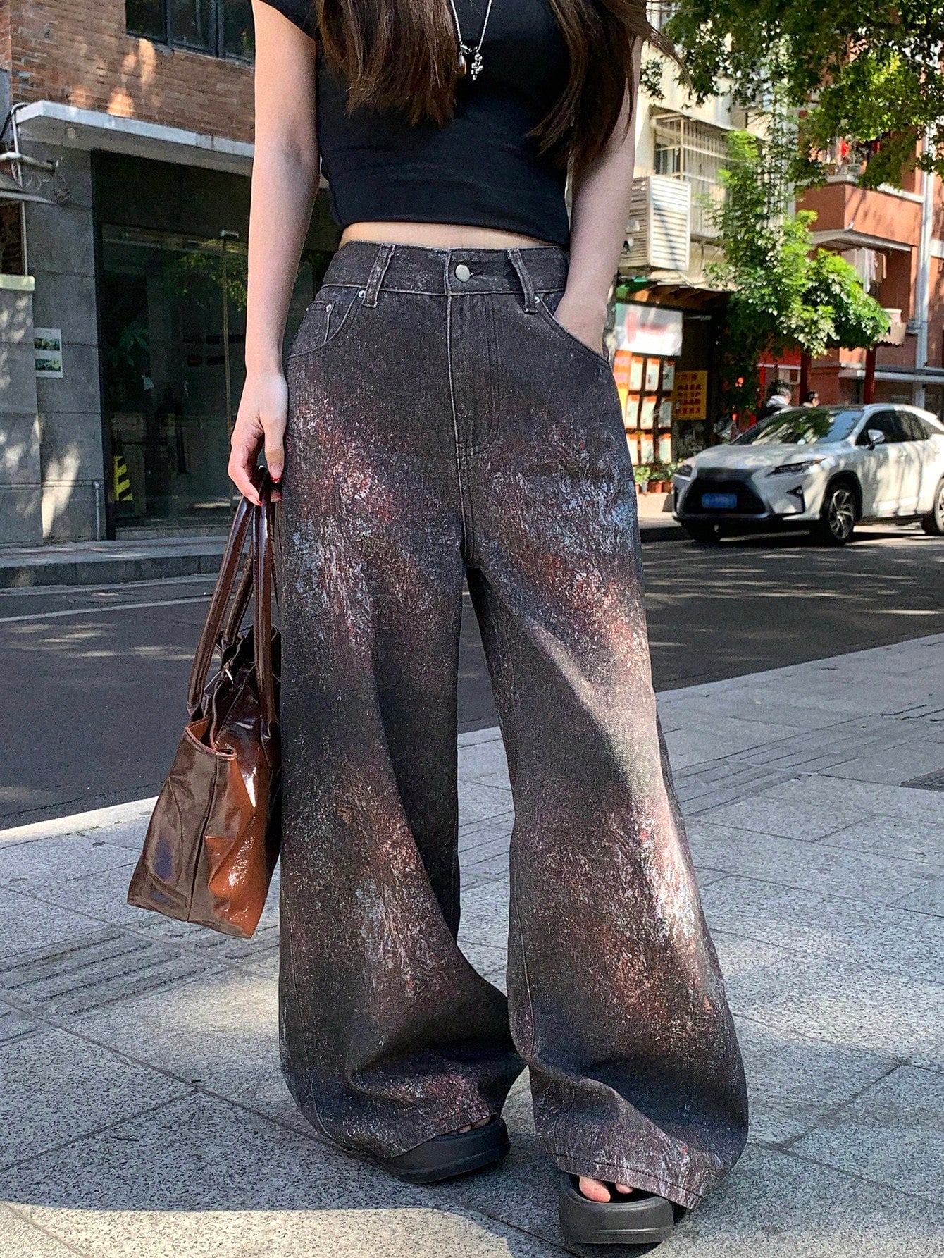 CM-BS509797 Women Casual Seoul Style Mid Waist All-Over Print Loose Fit Jeans - Coffee Brown