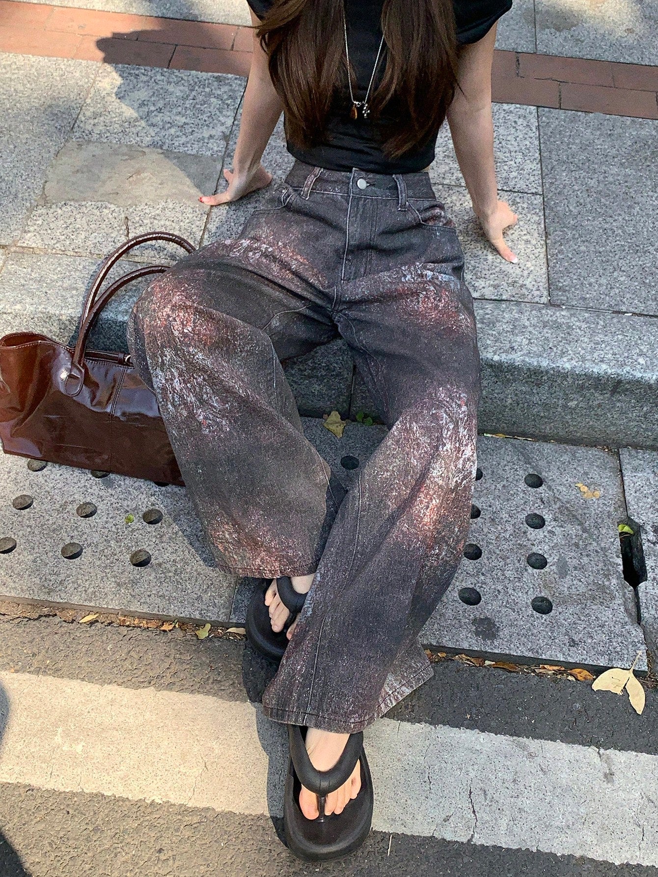 CM-BS509797 Women Casual Seoul Style Mid Waist All-Over Print Loose Fit Jeans - Coffee Brown