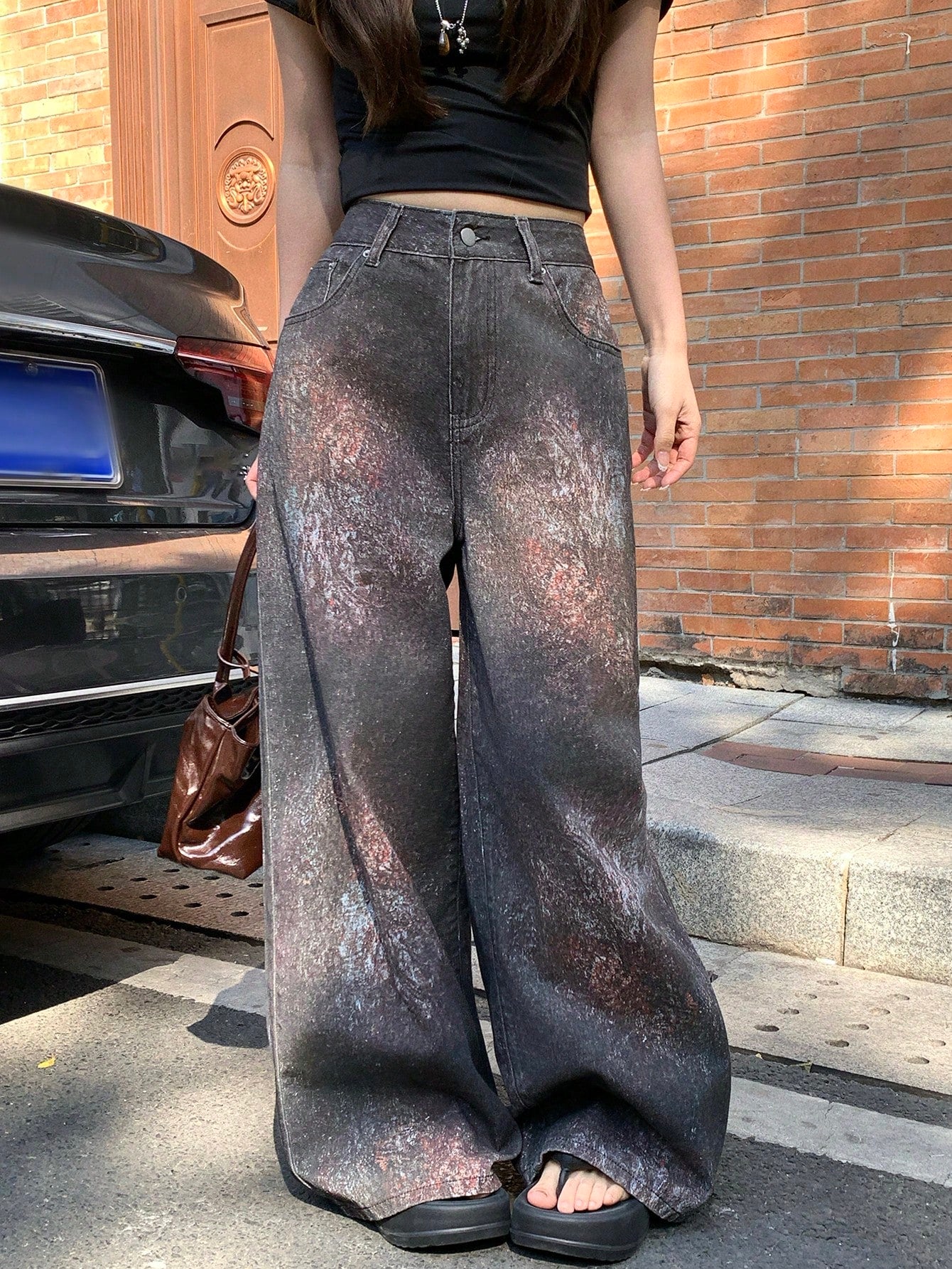 CM-BS509797 Women Casual Seoul Style Mid Waist All-Over Print Loose Fit Jeans - Coffee Brown