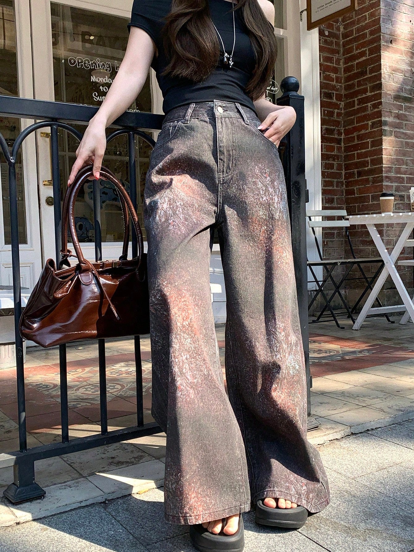 CM-BS509797 Women Casual Seoul Style Mid Waist All-Over Print Loose Fit Jeans - Coffee Brown