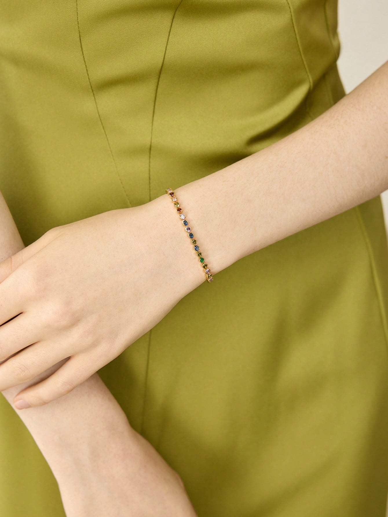 CM-AXS154828 Women Trendy Seoul Style 18K Gold Plated Multicolor Round Diamond Tennis Bracelet