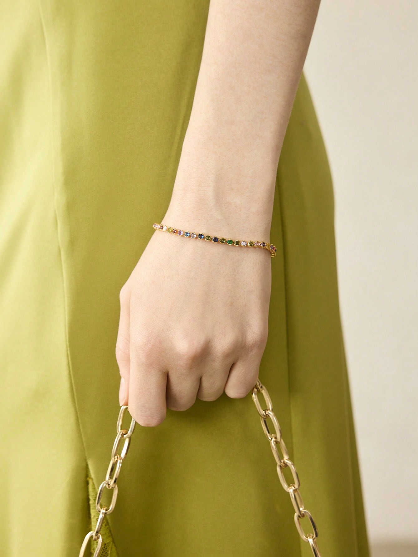 CM-AXS154828 Women Trendy Seoul Style 18K Gold Plated Multicolor Round Diamond Tennis Bracelet