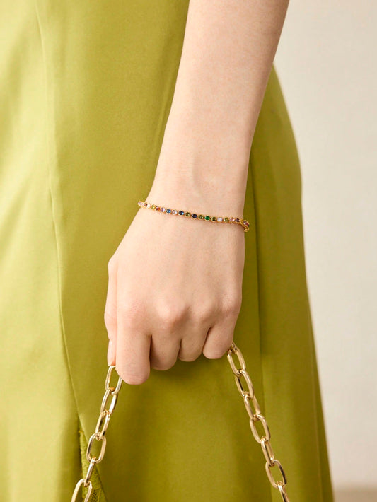 CM-AXS154828 Women Trendy Seoul Style 18K Gold Plated Multicolor Round Diamond Tennis Bracelet