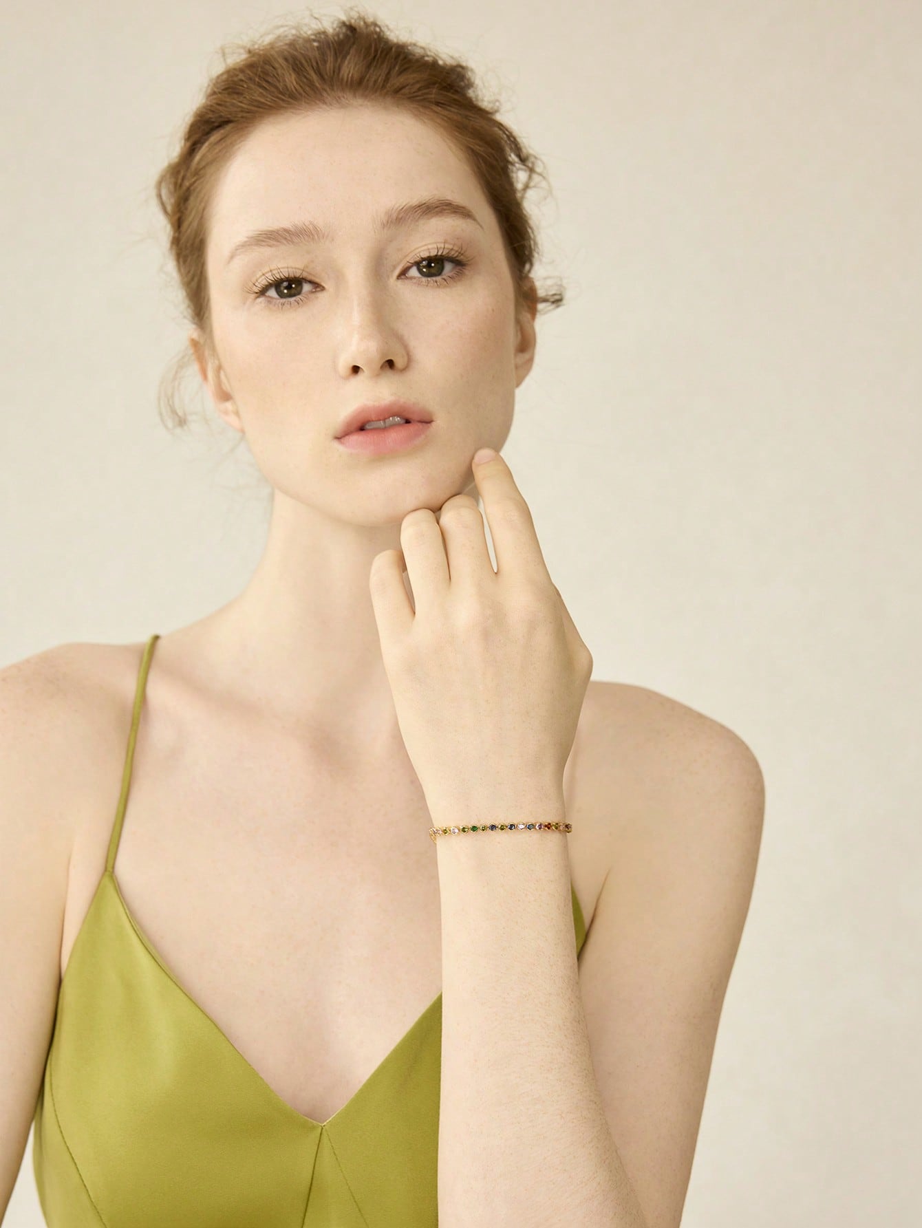 CM-AXS154828 Women Trendy Seoul Style 18K Gold Plated Multicolor Round Diamond Tennis Bracelet