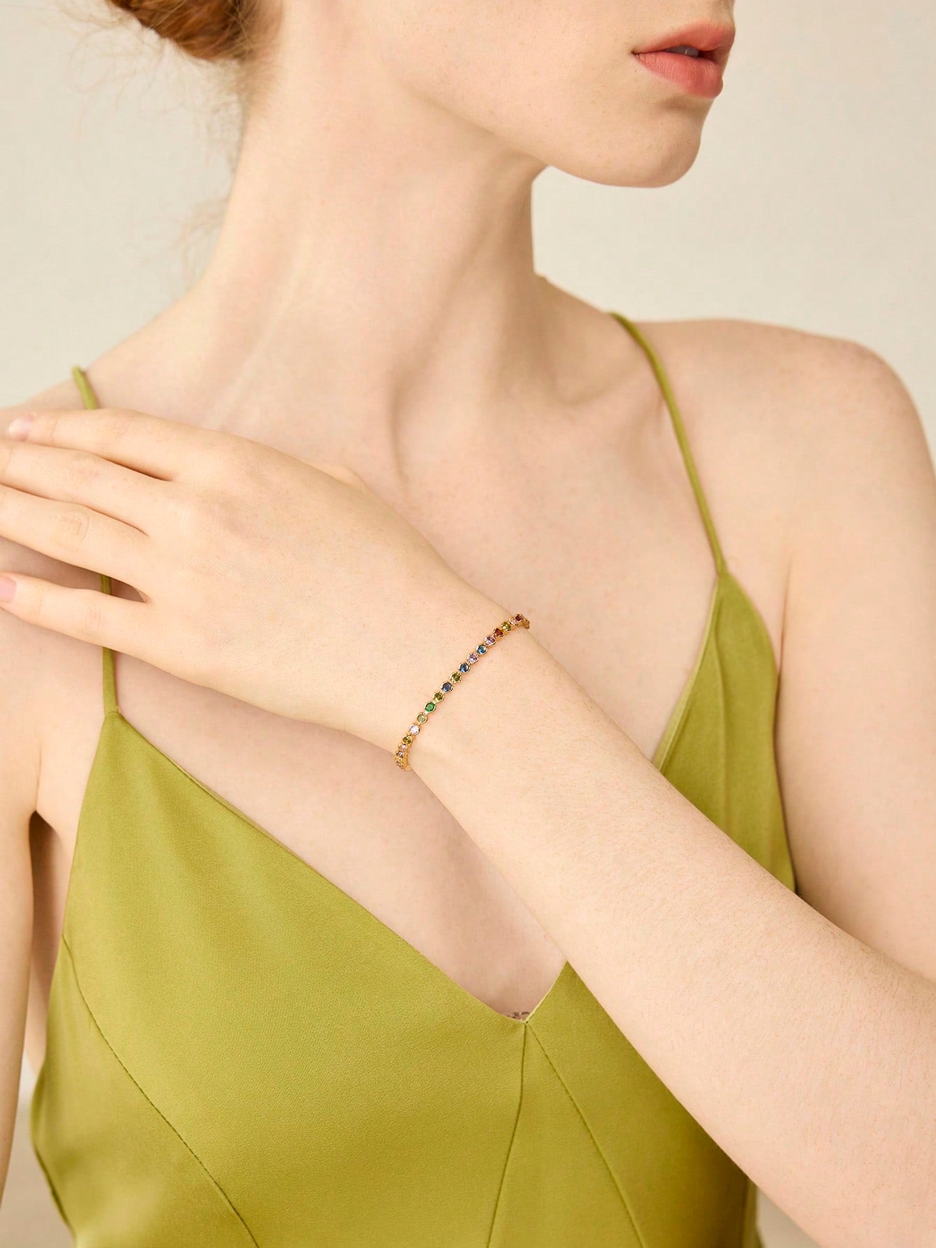 CM-AXS154828 Women Trendy Seoul Style 18K Gold Plated Multicolor Round Diamond Tennis Bracelet