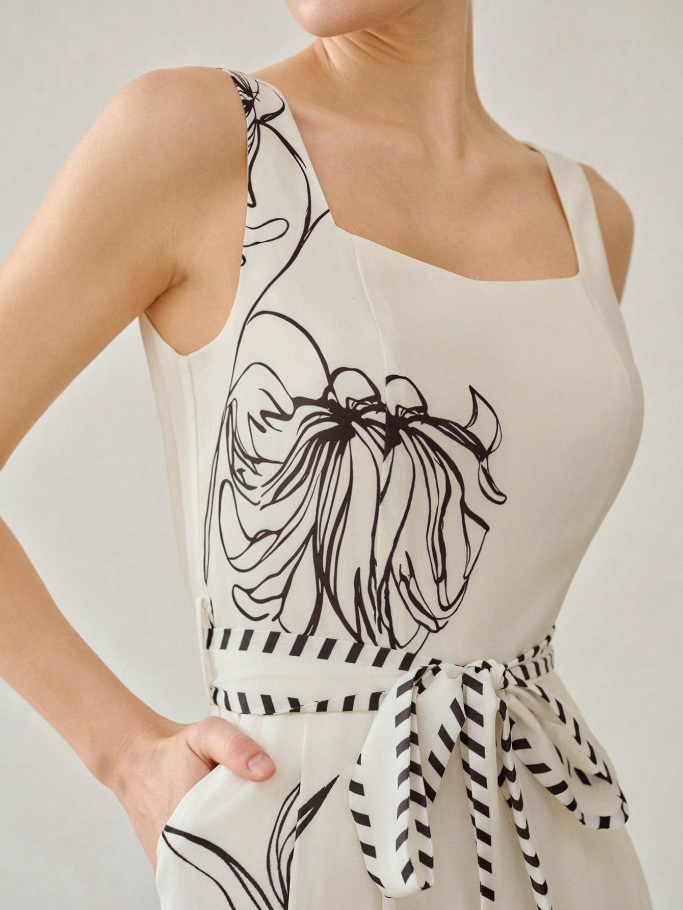 CM-JS005104 Women Casual Seoul Style Sweetheart Neckline Sleeveless Printed Tie Waist Loose Wide Leg Jumpsuit