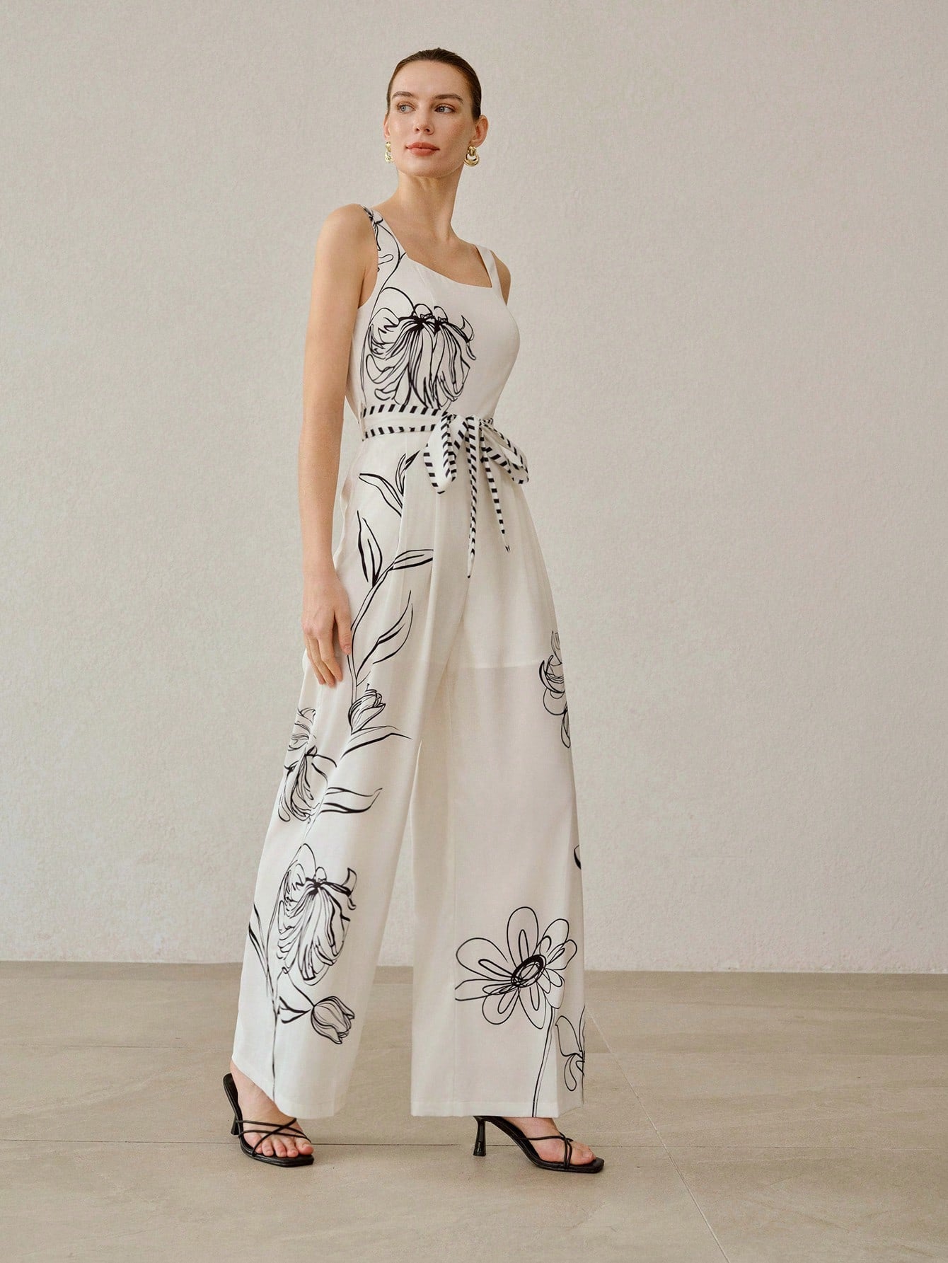 CM-JS005104 Women Casual Seoul Style Sweetheart Neckline Sleeveless Printed Tie Waist Loose Wide Leg Jumpsuit