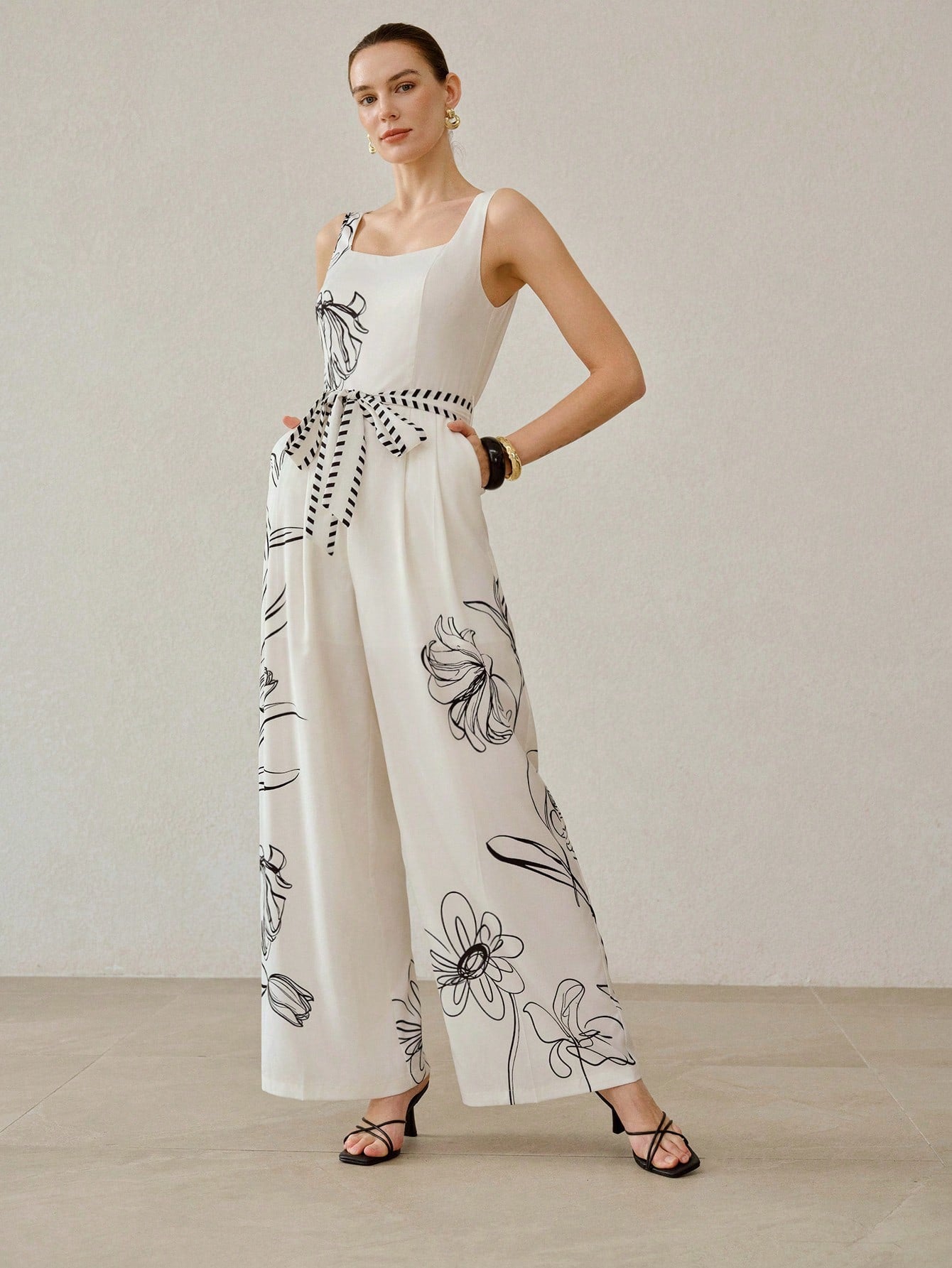 CM-JS005104 Women Casual Seoul Style Sweetheart Neckline Sleeveless Printed Tie Waist Loose Wide Leg Jumpsuit