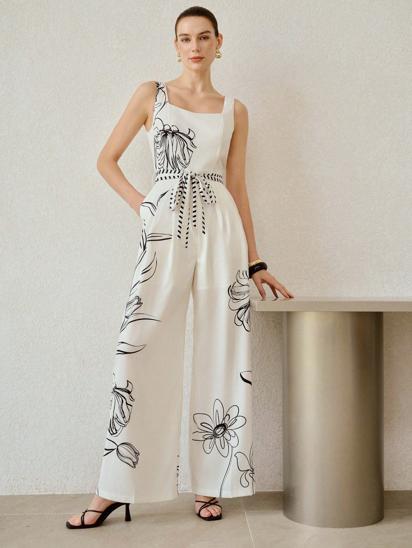 CM-JS005104 Women Casual Seoul Style Sweetheart Neckline Sleeveless Printed Tie Waist Loose Wide Leg Jumpsuit
