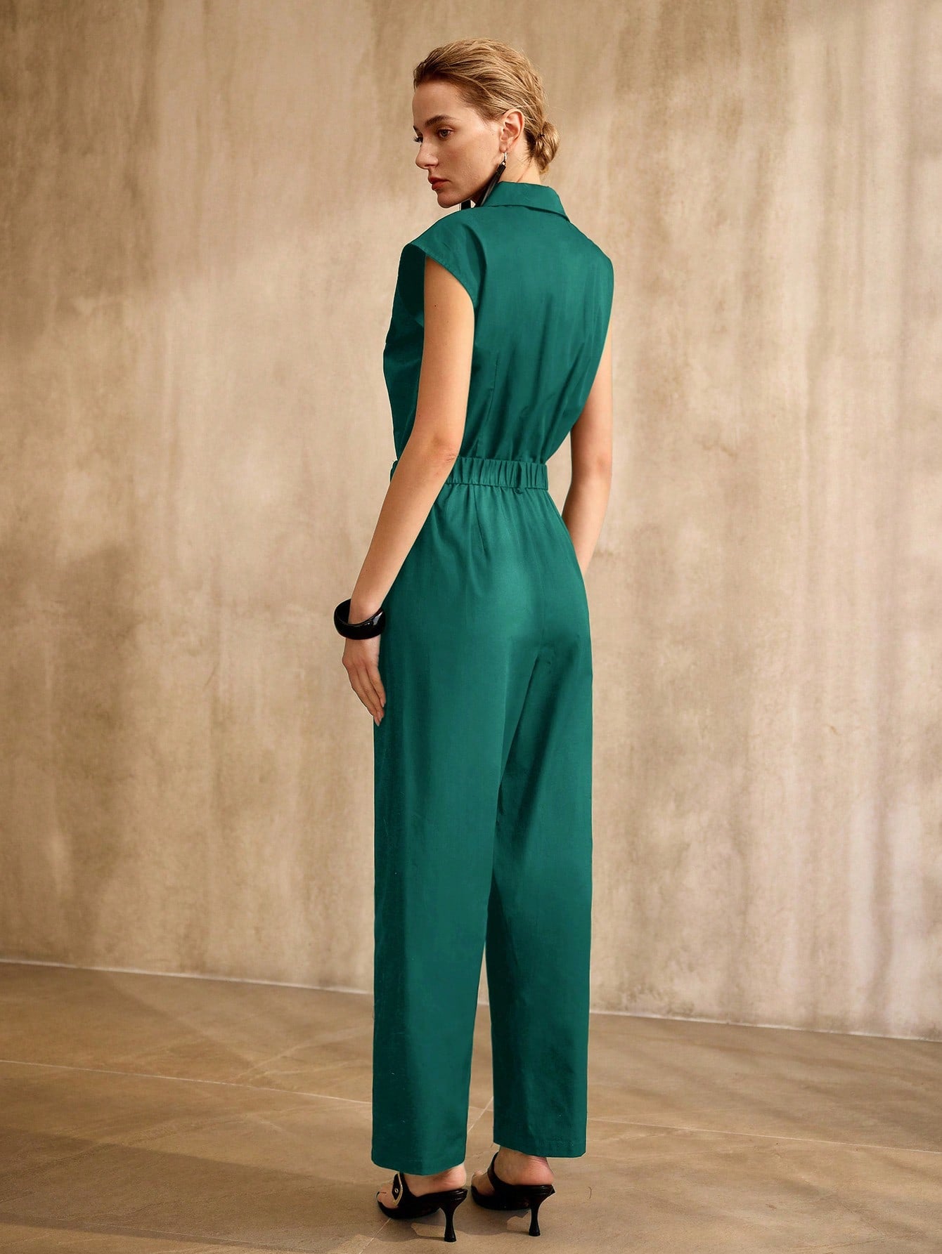 CM-JS861729 Women Elegant Seoul Style Collar Neckline Batwing Sleeve High Waist Belted Jumpsuit - Teal Blue