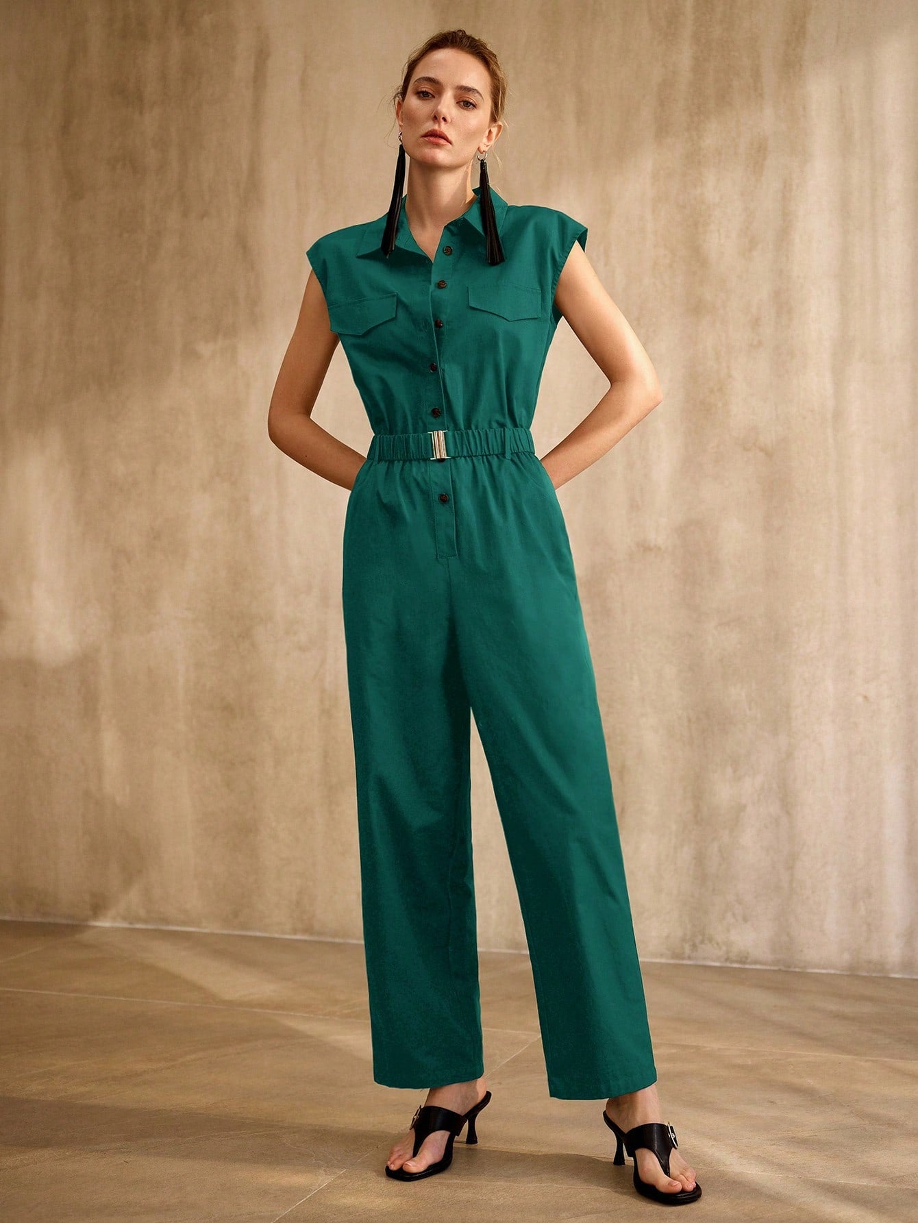 CM-JS861729 Women Elegant Seoul Style Collar Neckline Batwing Sleeve High Waist Belted Jumpsuit - Teal Blue