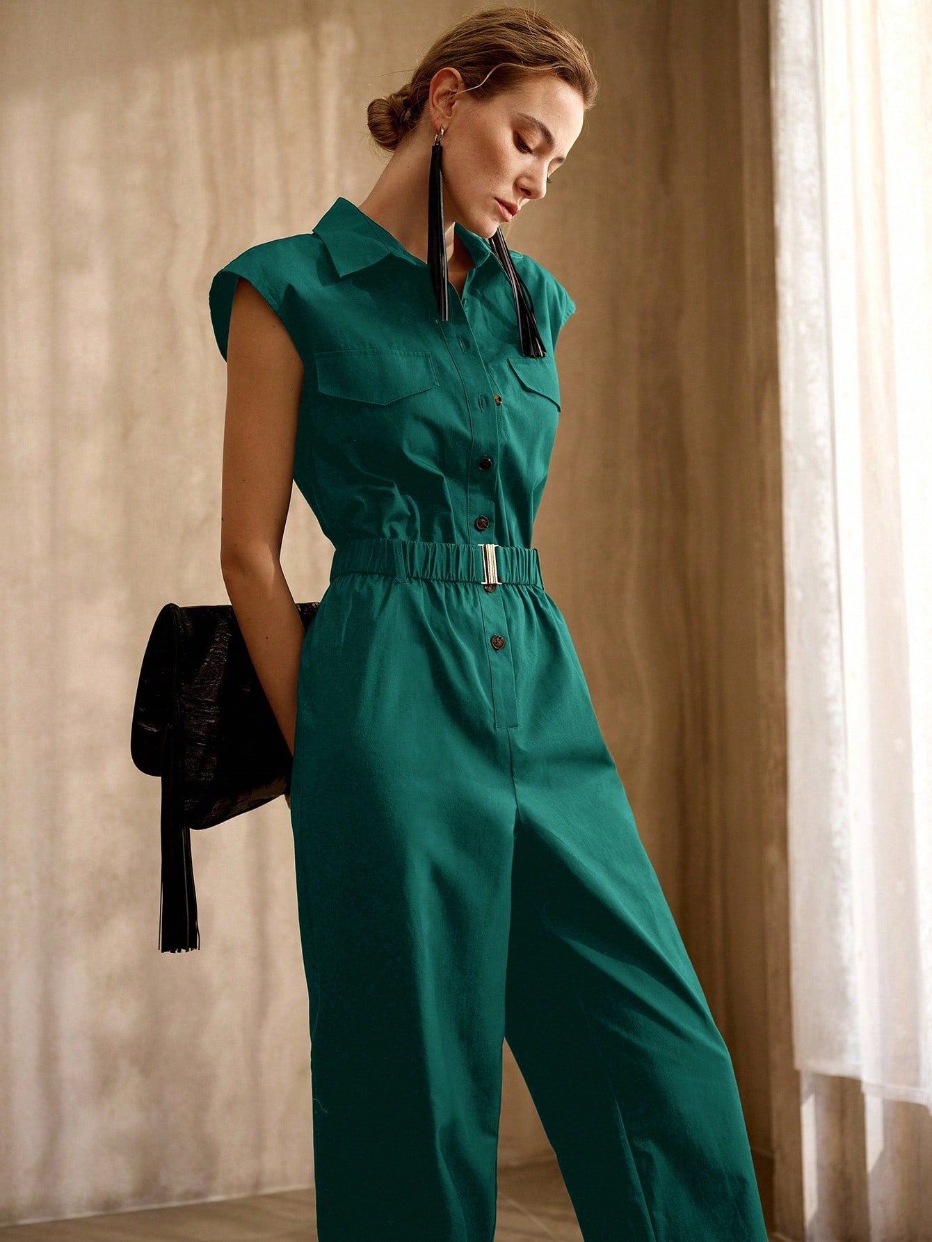 CM-JS861729 Women Elegant Seoul Style Collar Neckline Batwing Sleeve High Waist Belted Jumpsuit - Teal Blue