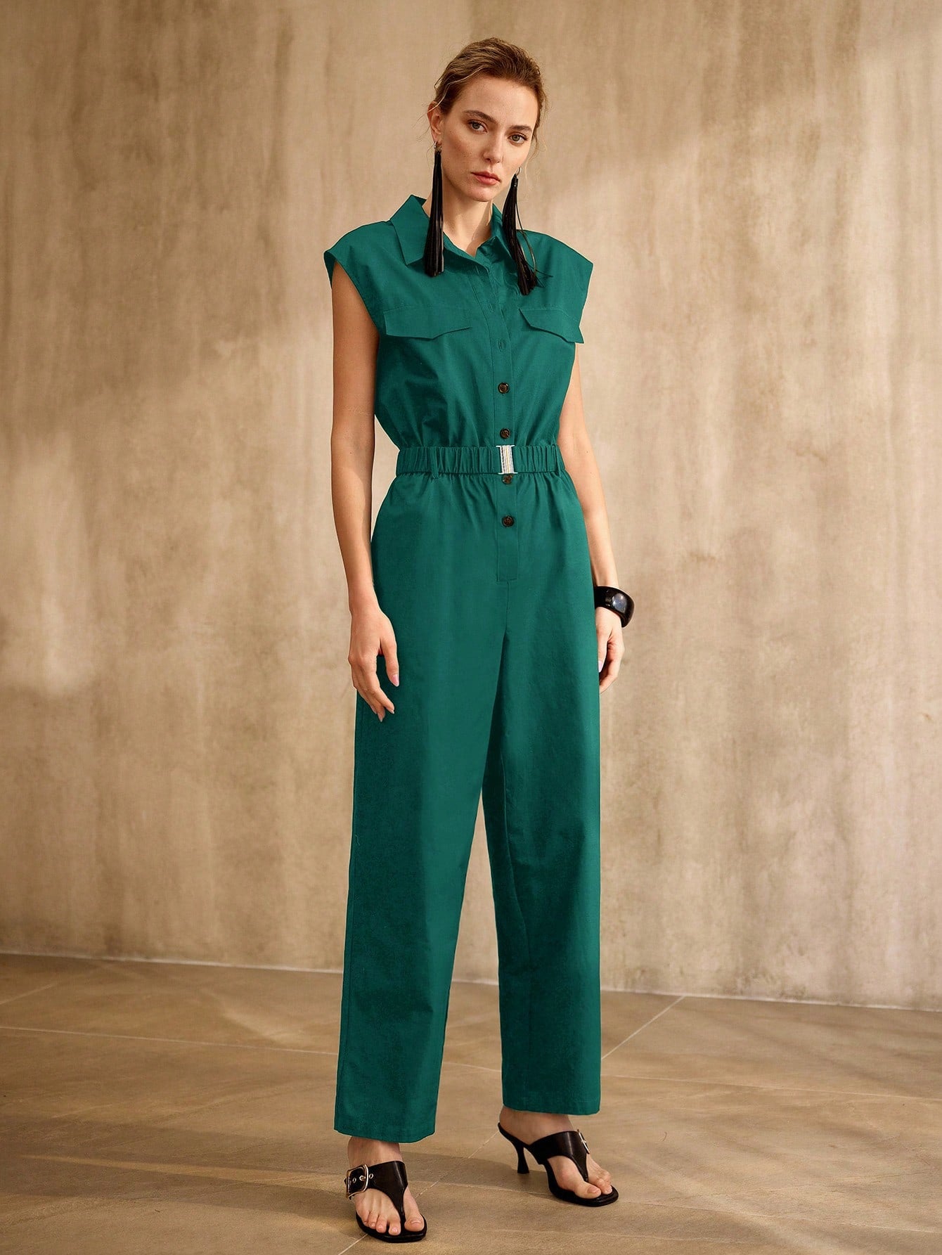 CM-JS861729 Women Elegant Seoul Style Collar Neckline Batwing Sleeve High Waist Belted Jumpsuit - Teal Blue