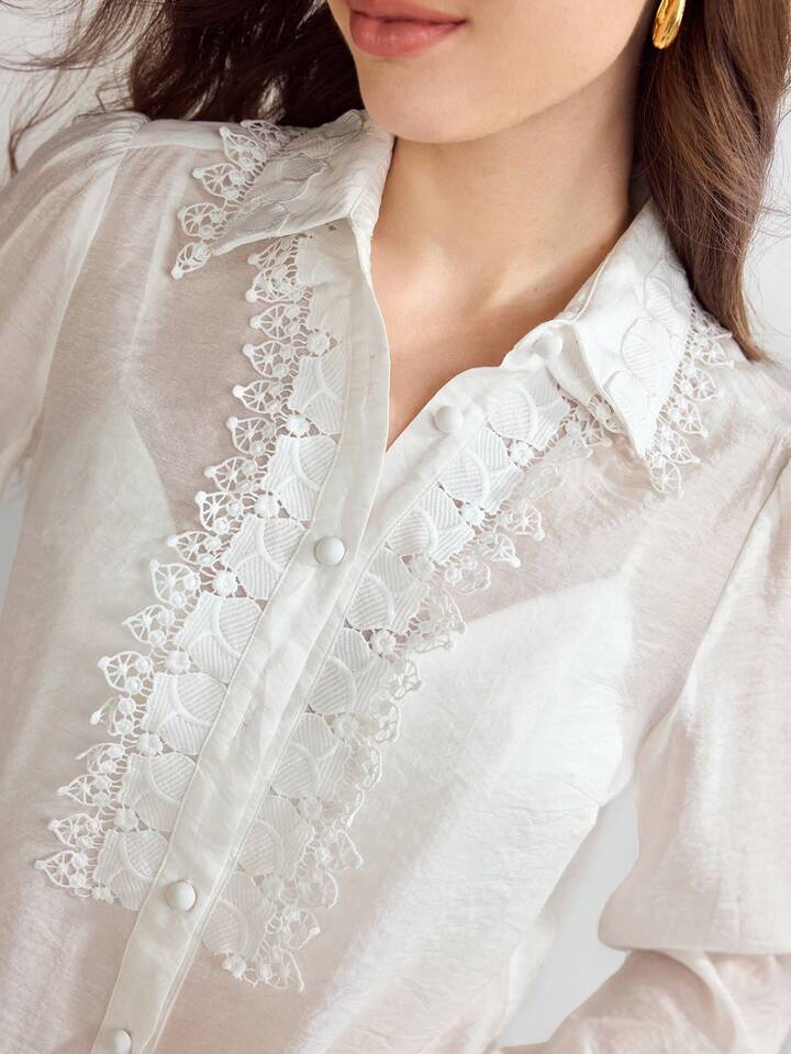 CM-TS697741 Women Elegant Seoul Style Collar Neckline Guipure Lace Trim Button Front Shirt - White