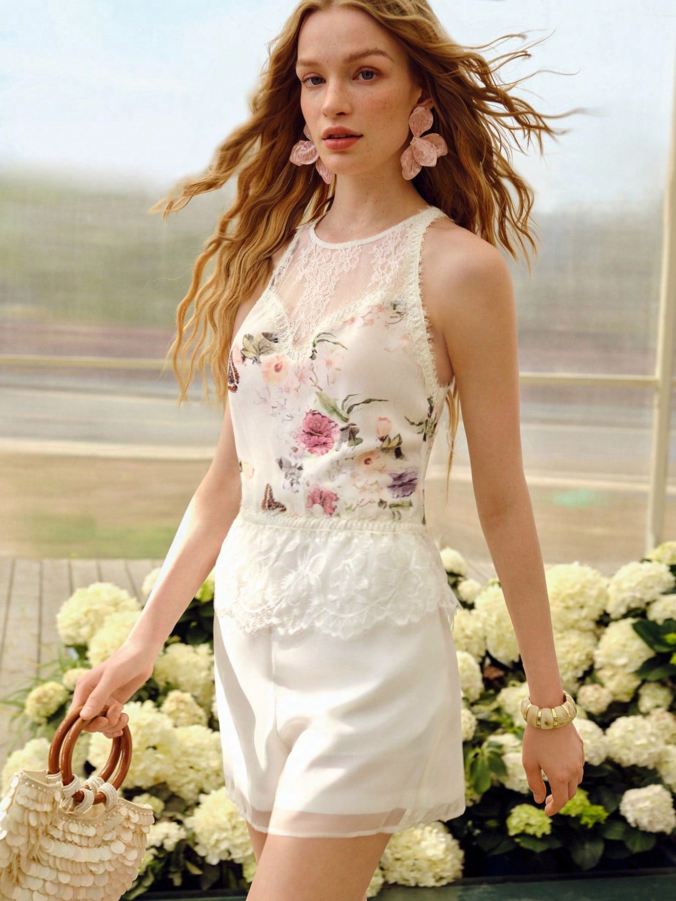 CM-TS202756 Women Trendy Bohemian Style Contrast Lace Halter Neckline Sleeveless Top - Apricot