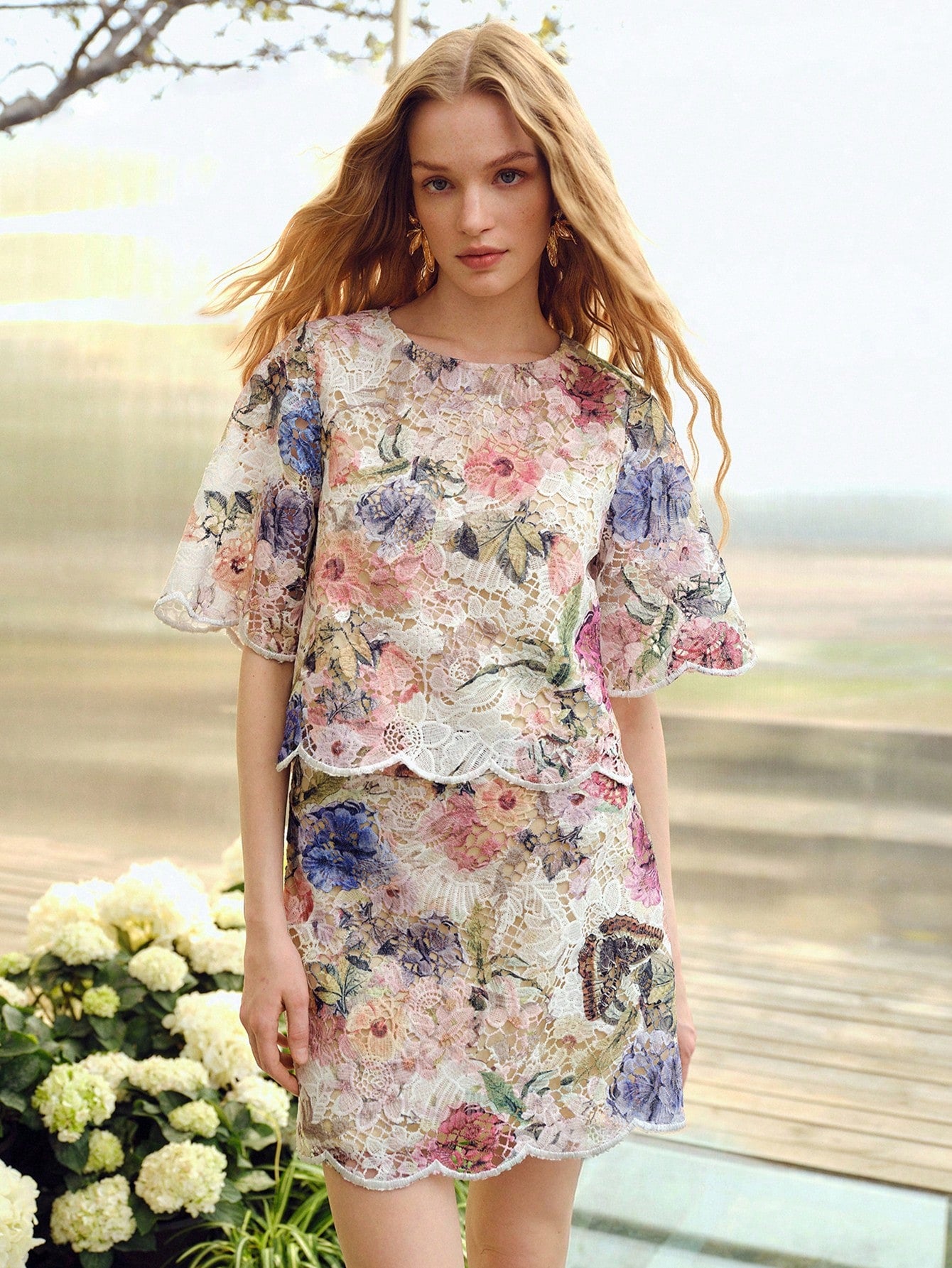 CM-SS813830 Women Trendy Bohemian Style Embroidered Round Neck Short Sleeve Cropped Top With Mini Skirt - Set