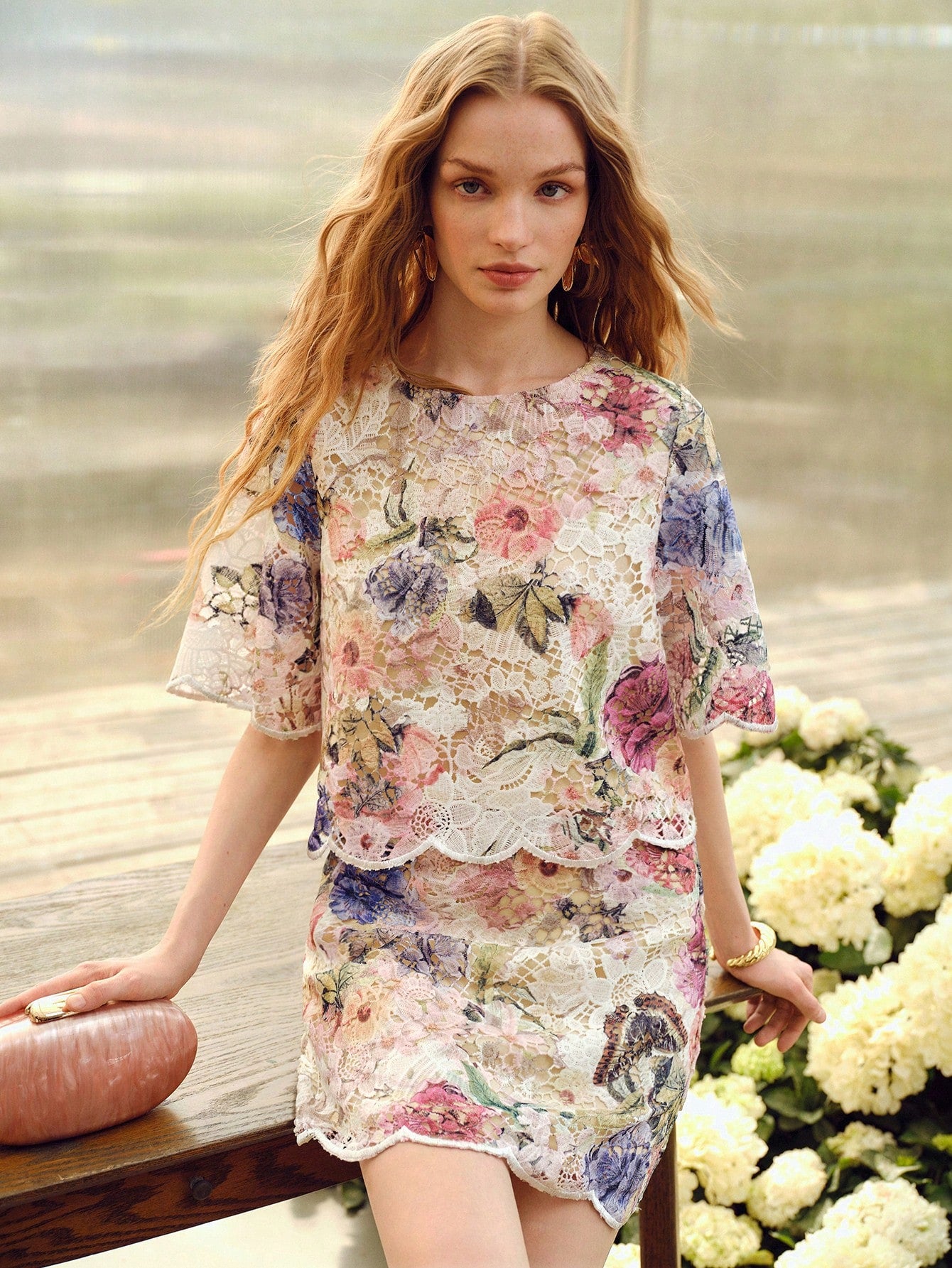 CM-SS813830 Women Trendy Bohemian Style Embroidered Round Neck Short Sleeve Cropped Top With Mini Skirt - Set