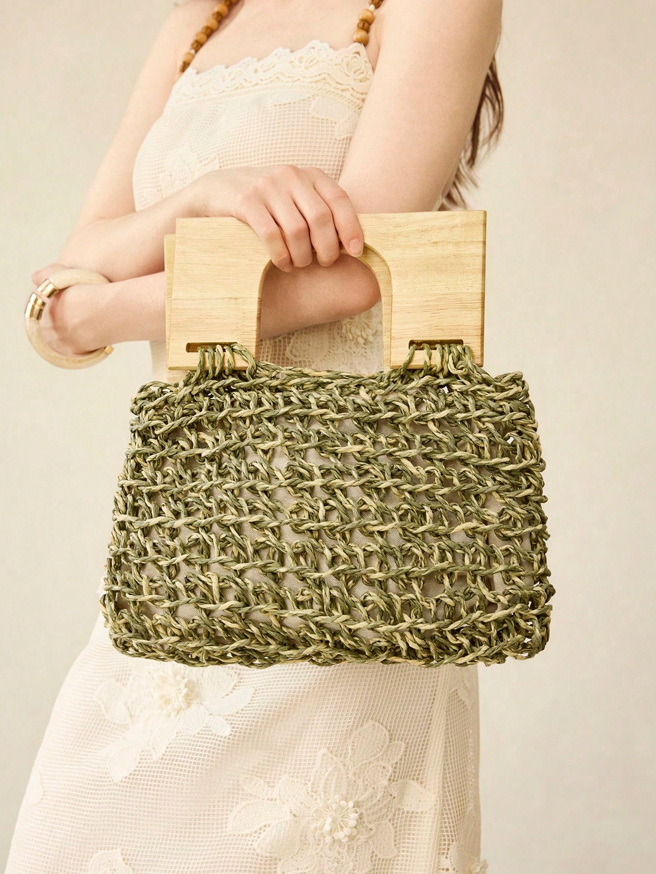 CM-BGS311178 Women Trendy Seoul Style Solid Color Straw Handbag - Army Green