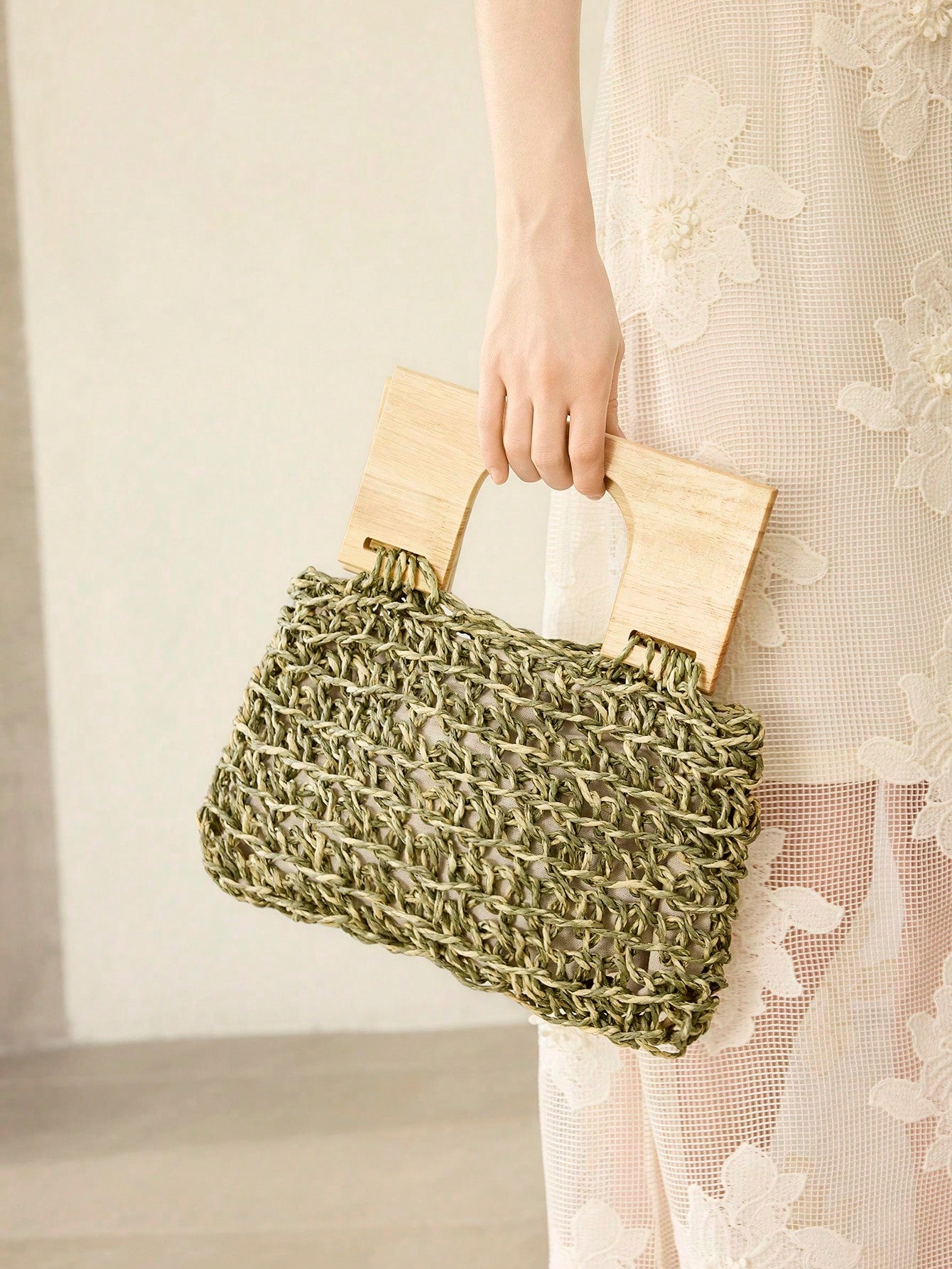 CM-BGS311178 Women Trendy Seoul Style Solid Color Straw Handbag - Army Green