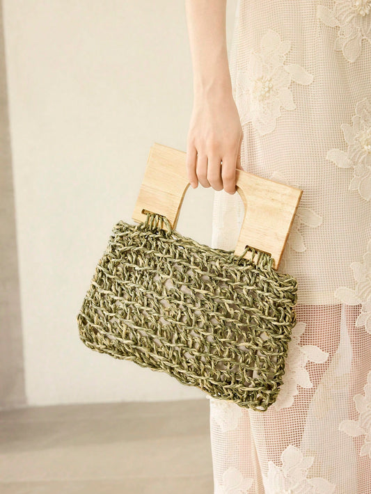 CM-BGS311178 Women Trendy Seoul Style Solid Color Straw Handbag - Army Green