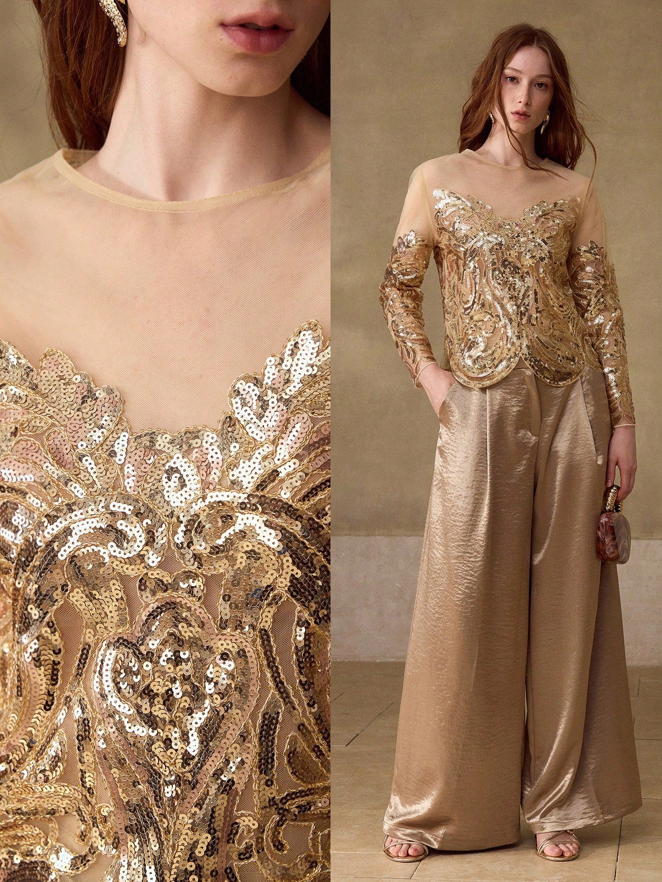 CM-TS615065 Women Elegant Seoul Style Round Neck Long Sleeve Sequins Embroidered Sheer Mesh Top - Gold