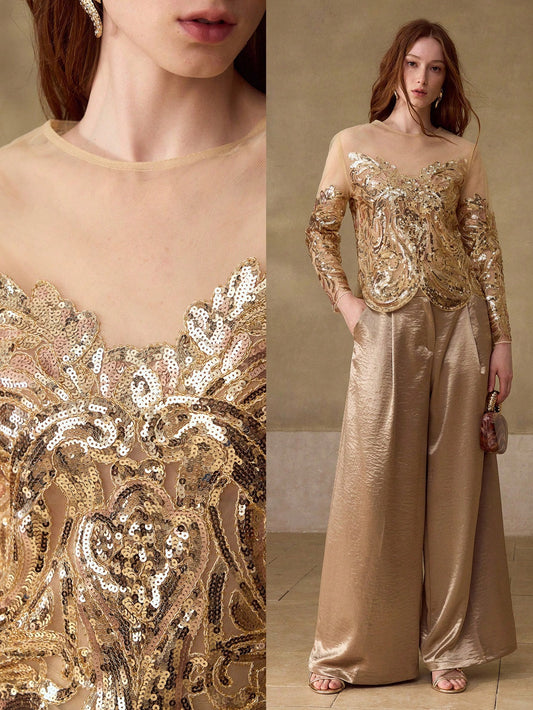 CM-TS615065 Women Elegant Seoul Style Round Neck Long Sleeve Sequins Embroidered Sheer Mesh Top - Gold