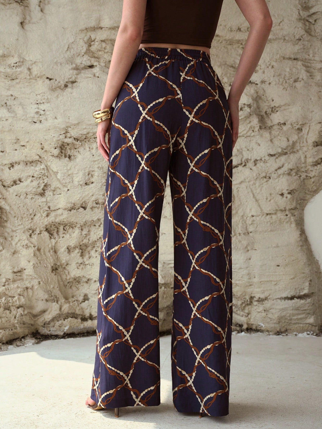 CM-BS163495 Women Elegant Seoul Style Linen All-Over Print Elastic Waist Straight-Leg Pants - Navy Blue